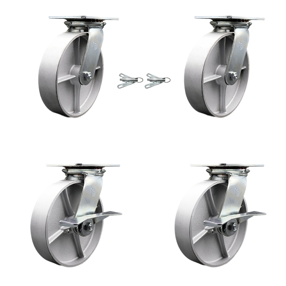 Heavy Duty Large Top Plate Semi Steel Cast Iron Swivel Caster with Maintenance Free Bearings with 8 x 2 in. Silver Wheels - Set of 4