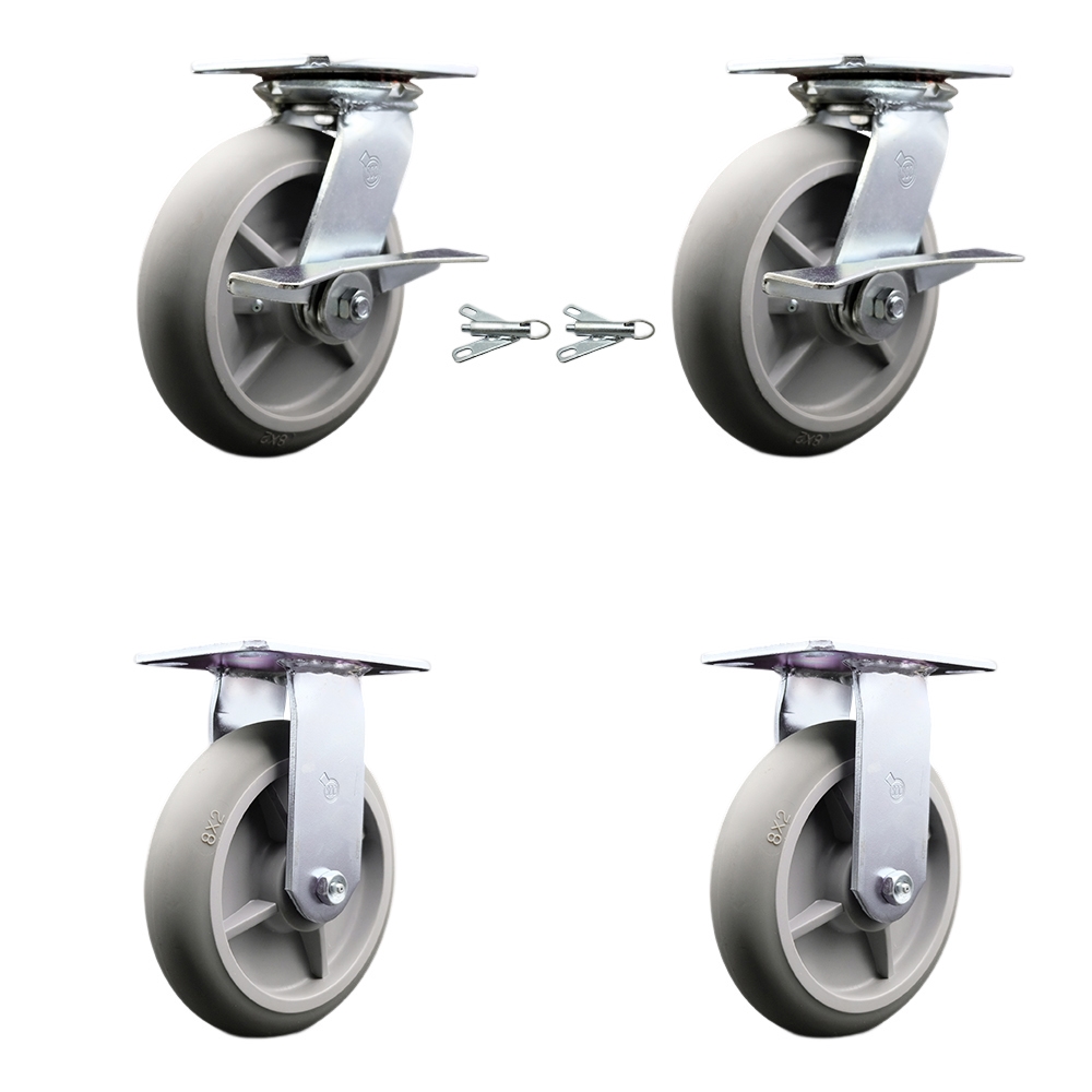 Heavy Duty Large Top Plate Thermo Rubber Donut Tread Swivel Caster with Maintenance Free Bearings with 8 x 2 in. Gray Wheels - Set of 4