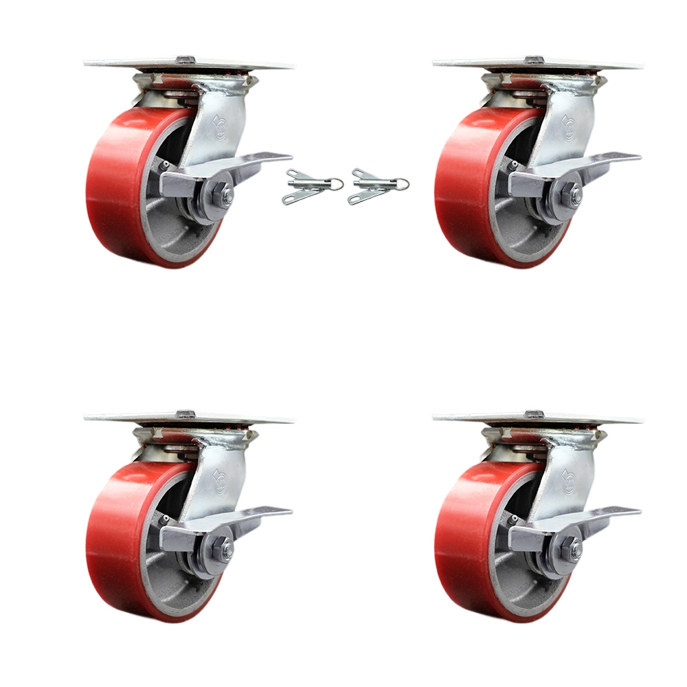 Heavy Duty Large Top Plate Poly on Cast Iron Swivel Caster with Maintenance Free Bearings with 5 x 2 in. Red Wheels - Set of 4