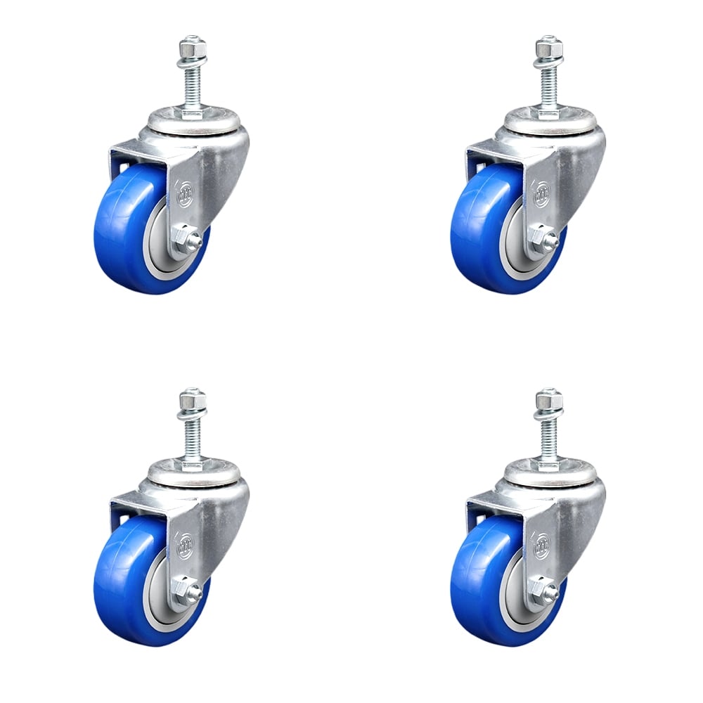 Stainless Steel Polyurethane Swivel Threaded Stem Caster with 3.5 x 1.25 in. Blue Wheels & 0.38 in. Stems - Set of 4