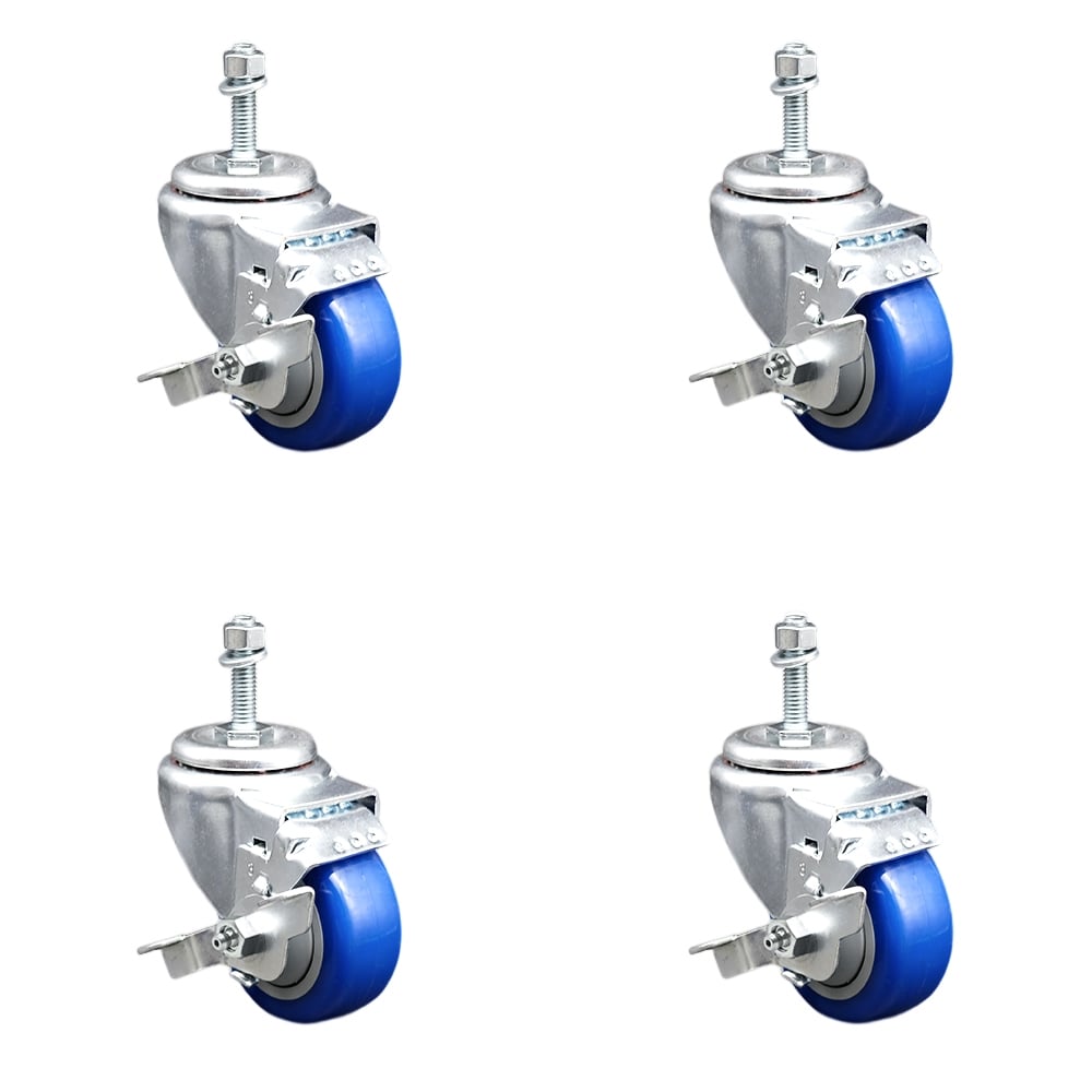 Stainless Steel Polyurethane Swivel Threaded Stem Caster with 3.5 x 1.25 in. Blue Wheels & 0.38 in. Stems - Set of 4