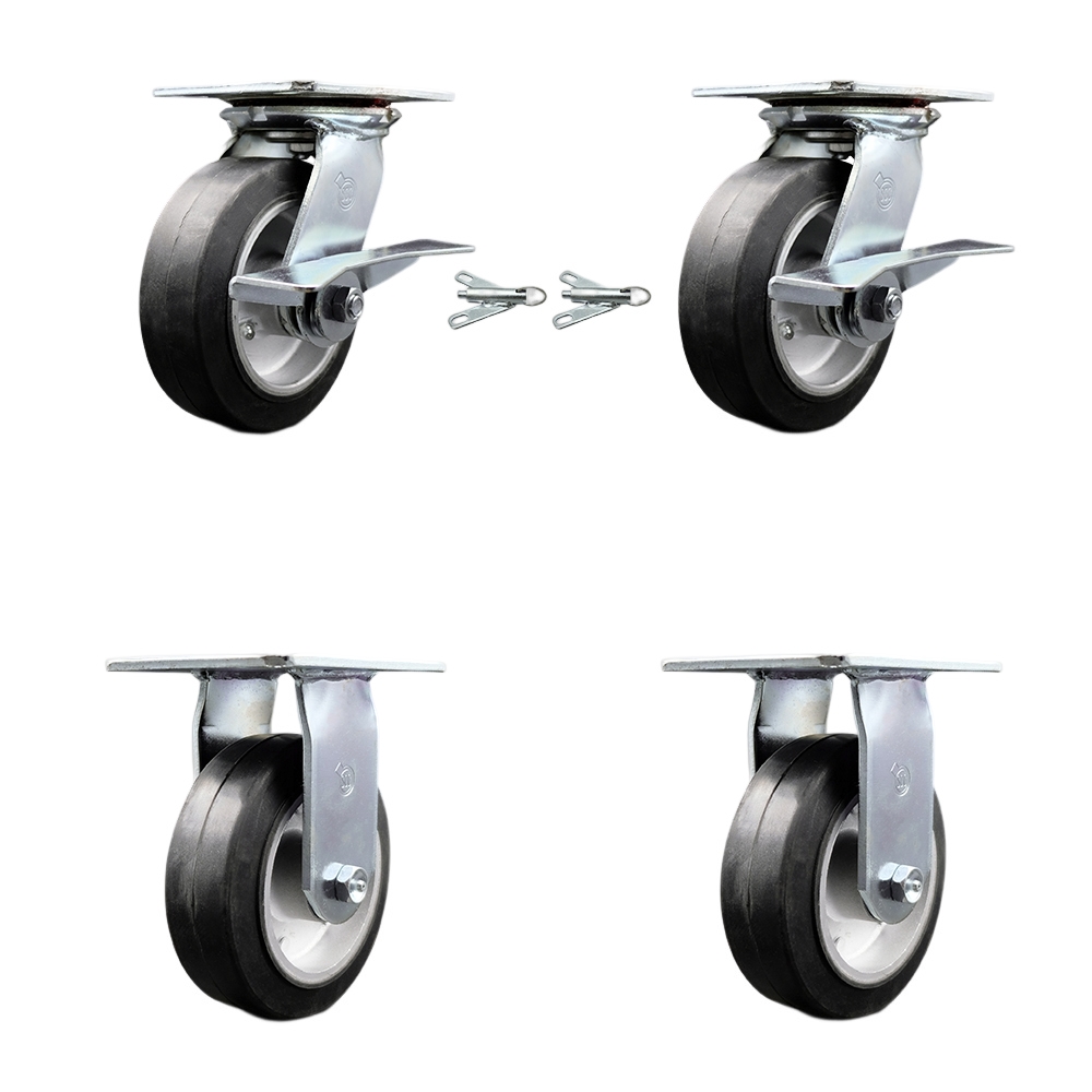 Heavy Duty Large Top Plate Rubber on Aluminum Swivel Caster with Maintenance Free Bearings with 6 x 2 in. Black Wheels - Set of 4
