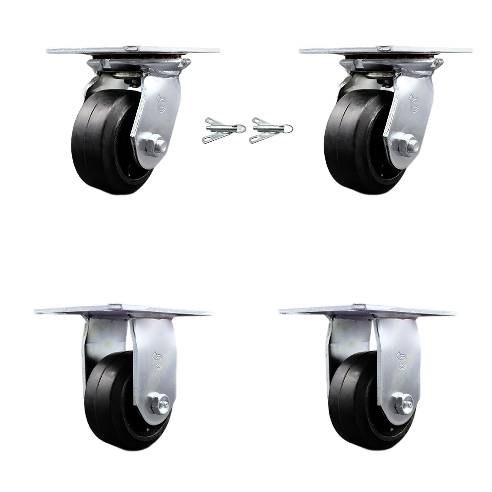Heavy Duty Large Top Plate Rubber on Cast Iron Swivel Caster with Maintenance Free Bearings with 4 x 2 in. Black Wheels - Set of 4