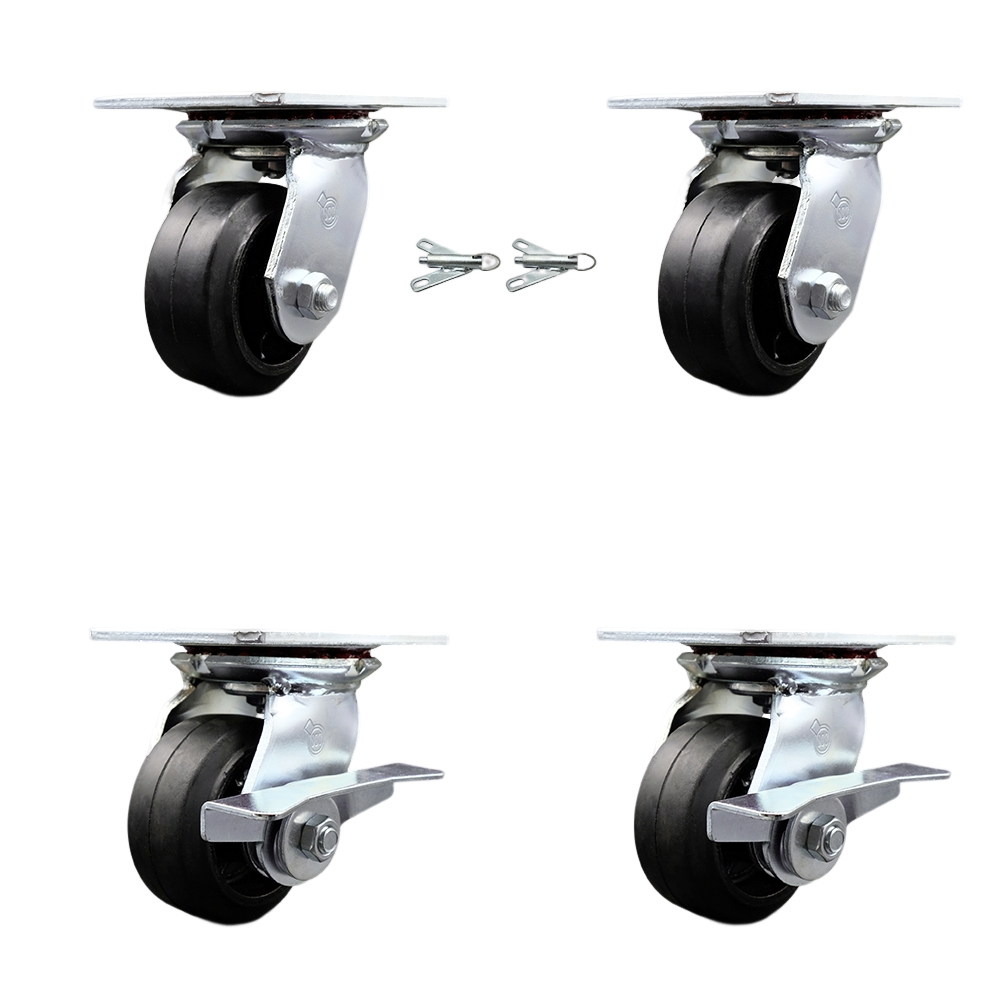 Heavy Duty Large Top Plate Rubber on Cast Iron Swivel Caster with Maintenance Free Bearings with 4 x 2 in. Black Wheels - Set of 4
