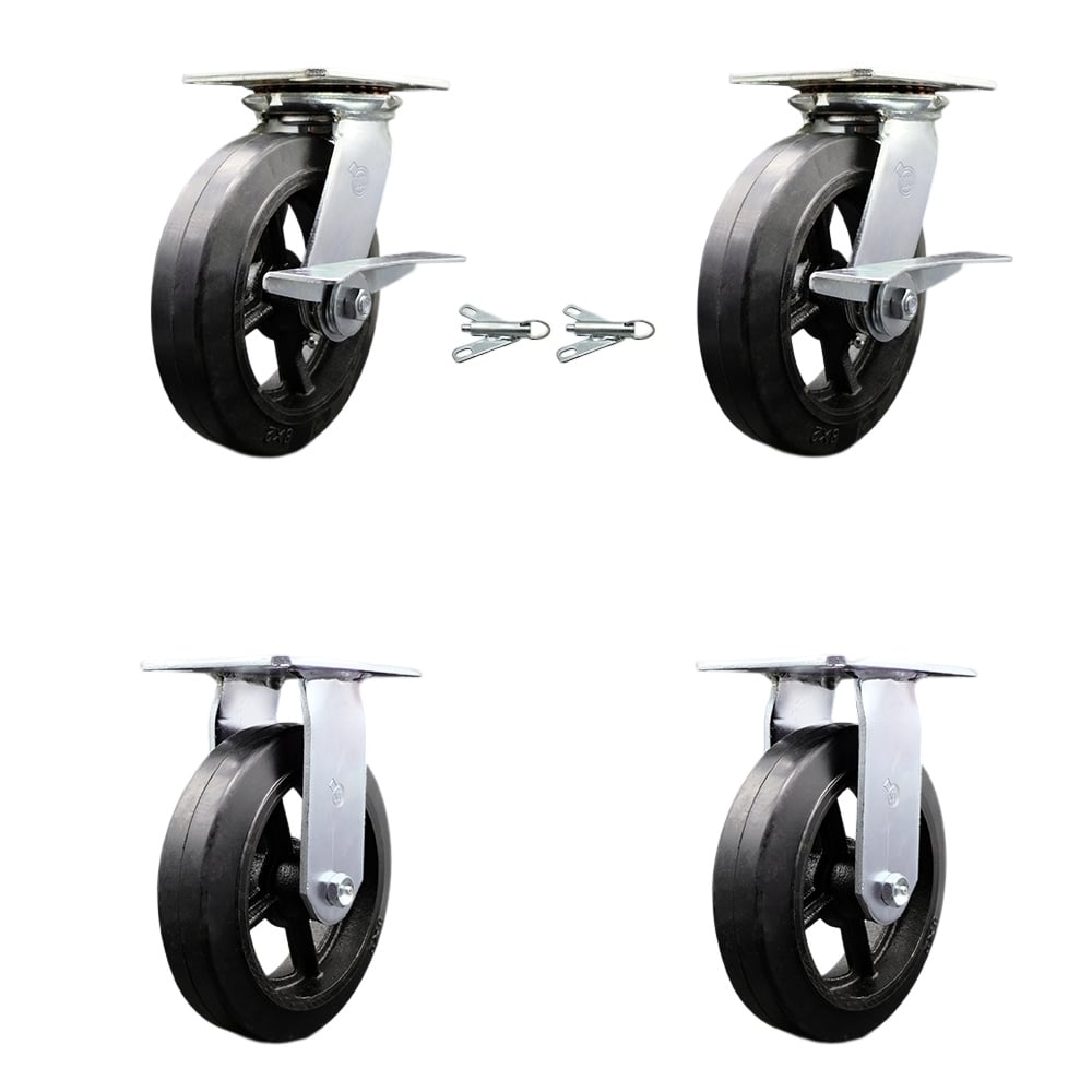 Heavy Duty Large Top Plate Rubber on Cast Iron Swivel Caster with Maintenance Free Bearings with 8 x 2 in. Black Wheels - Set of 4