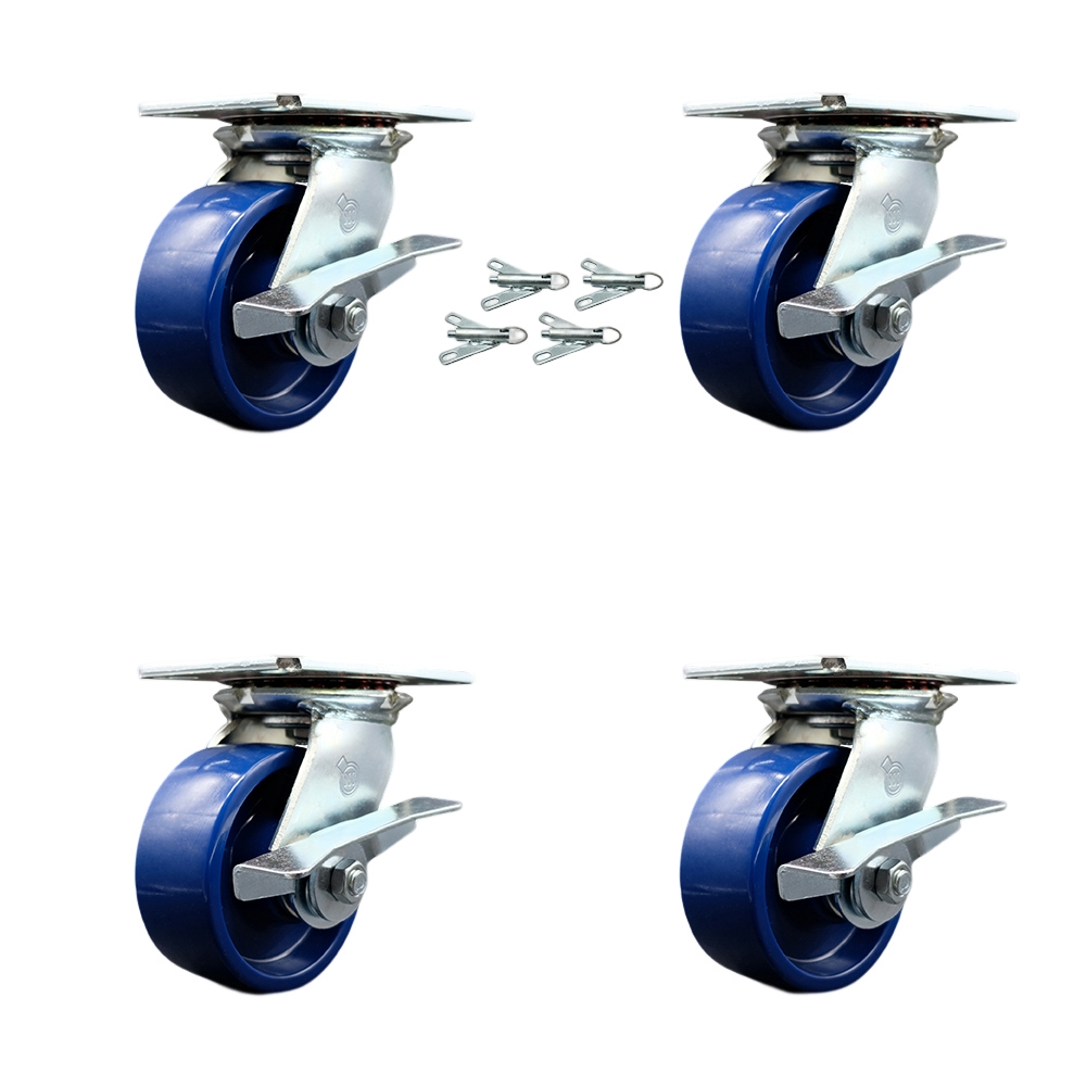 Heavy Duty Large Top Plate Solid Polyurethane Swivel Caster with Maintenance Free Bearings with 5 x 2 in. Blue Wheels - Set of 4