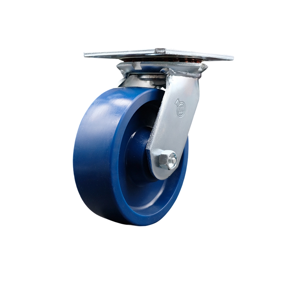 Heavy Duty Large Top Plate Solid Polyurethane Swivel Caster with Maintenance Free Bearings & 6 x 2 in. Blue Wheel - 1200 lbs Capacity per Caster