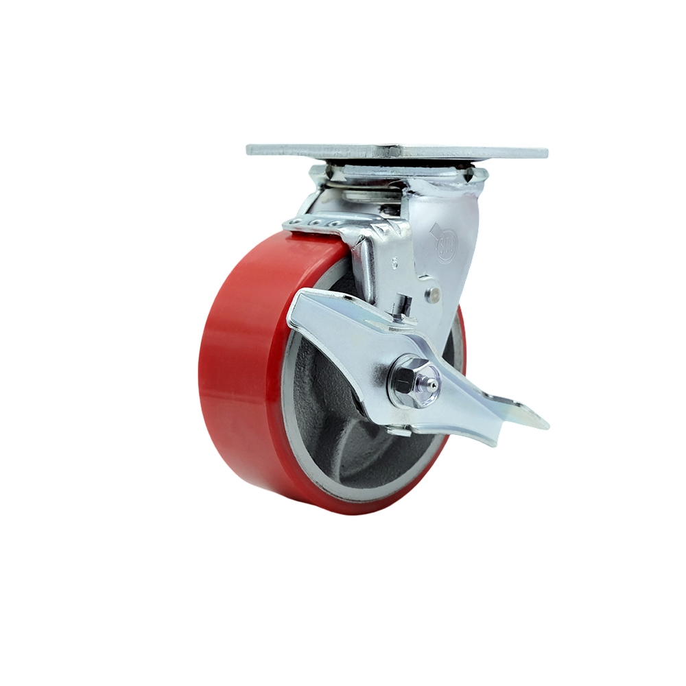 Polyurethane on Cast Iron Swivel Top Plate Heavy Duty Caster with 5 in. Red Wheel & Top Lock Brake - 1000 lbs Capacity per Caster