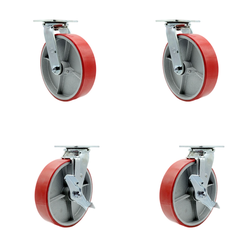 Polyurethane on Cast Iron Swivel Top Plate Casters, Heavy Duty with 8 in. Red Wheels - 5000 lbs Total Capacity - Set of 4