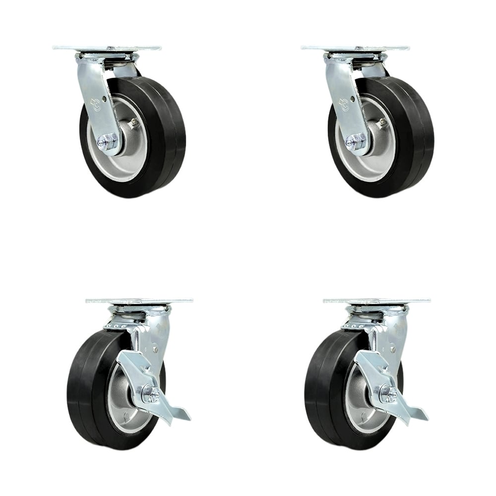 SCC-30CS620-RAR-2-TLB-2 Rubber on Aluminum Swivel Top Plate Casters, Heavy Duty with 6 in. Wheels - 2200 lbs Total Capacity - Set of 4