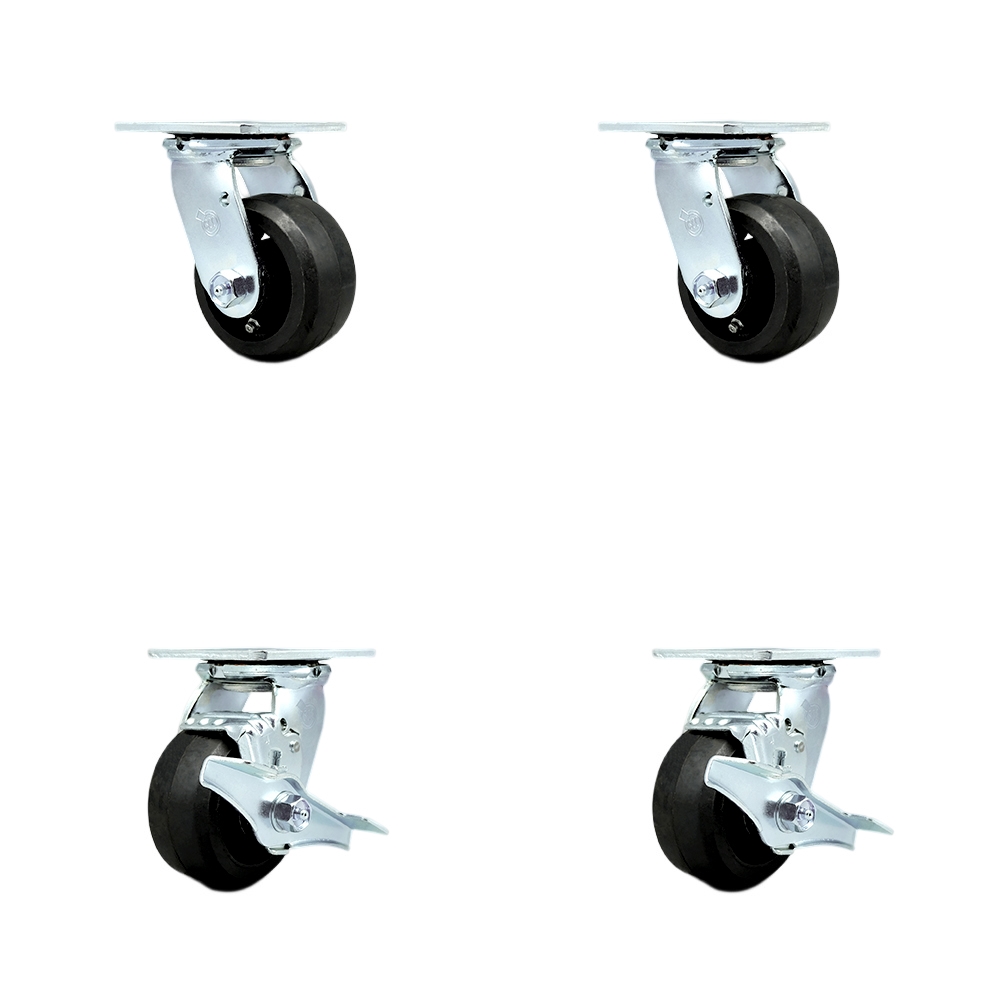 SCC-30CS420-RSR-2-TLB-2 Rubber on Metal Swivel Top Plate Casters, Heavy Duty with 4 in. Wheels - 1600 lbs Total Capacity - Set of 4