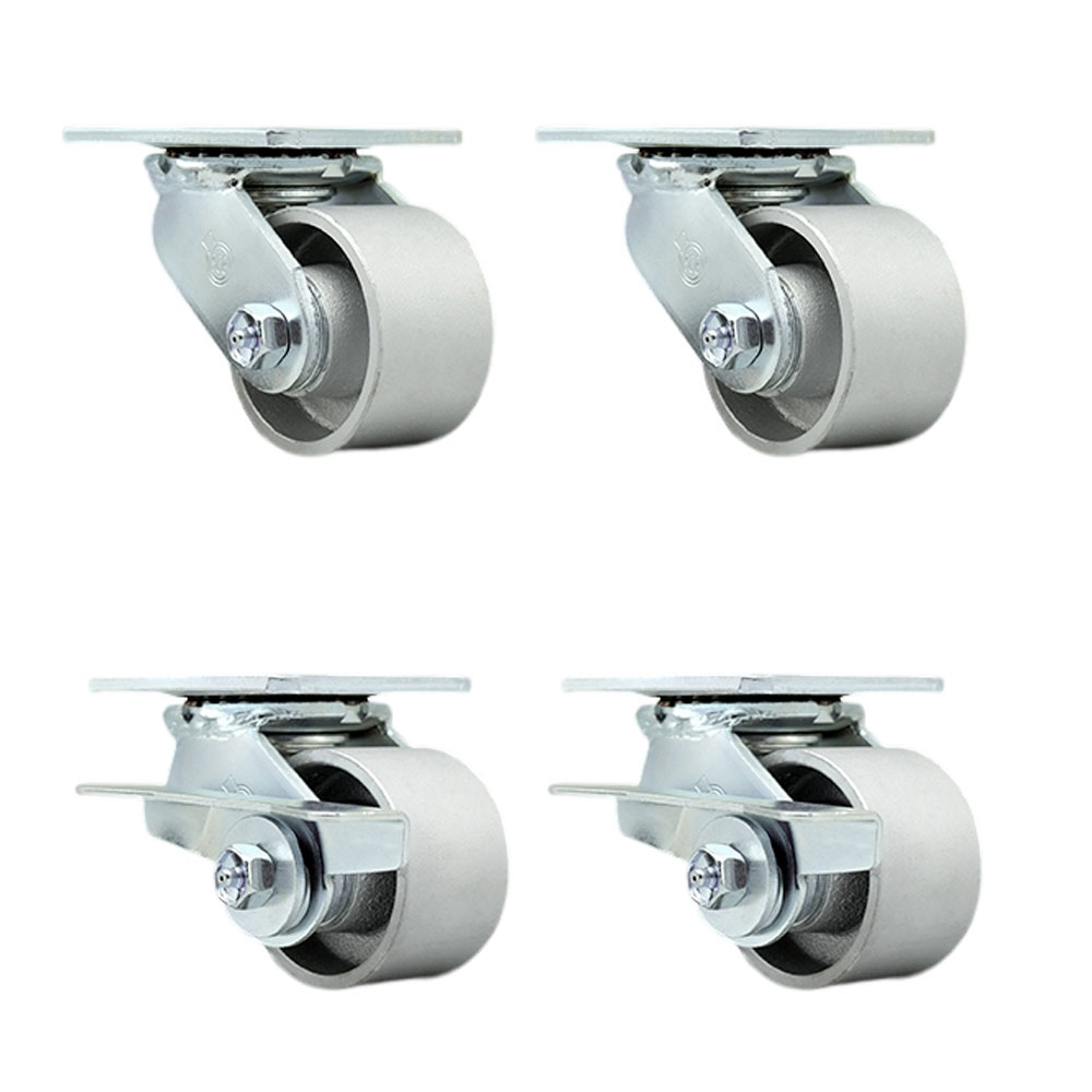 SCC-30CS3420-SSR-2-SLB-2 Semi Steel Cast Iron Swivel Top Plate Casters, Heavy Duty with 3.25 in. Wheels - 2800 lbs Total Capacity - Set of 4
