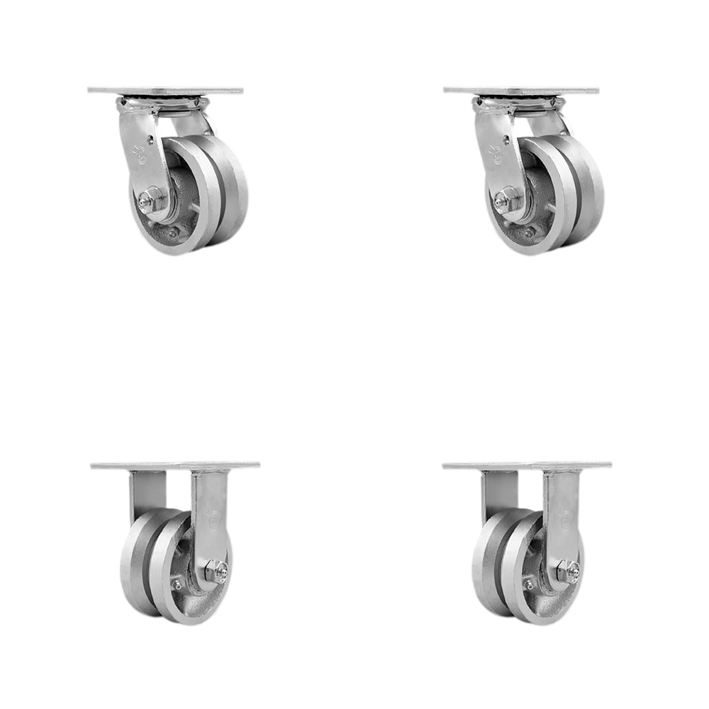 V Groove Semi Steel Cast Iron Swivel Top Plate Casters, Heavy Duty with 4 in. Wheels - 3200 lbs Total Capacity - Set of 4