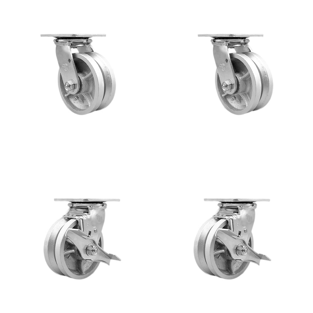 SCC-30CS520-VGR-2-TLB-2 V Groove Semi Steel Cast Iron Swivel Top Plate Casters, Heavy Duty with 5 in. Wheels - 4400 lbs Total Capacity - Set of 4