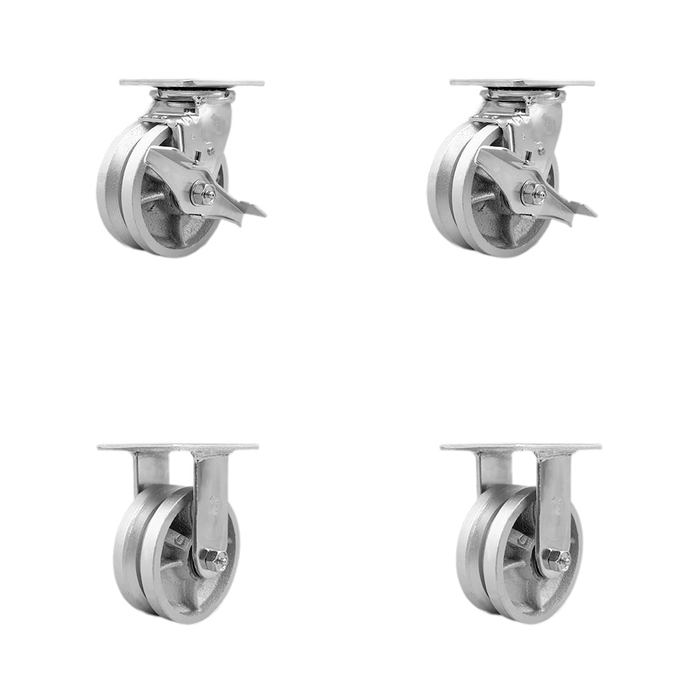 V Groove Semi Steel Cast Iron Swivel Top Plate Casters, Heavy Duty with 5 in. Wheels - 4400 lbs Total Capacity - Set of 4