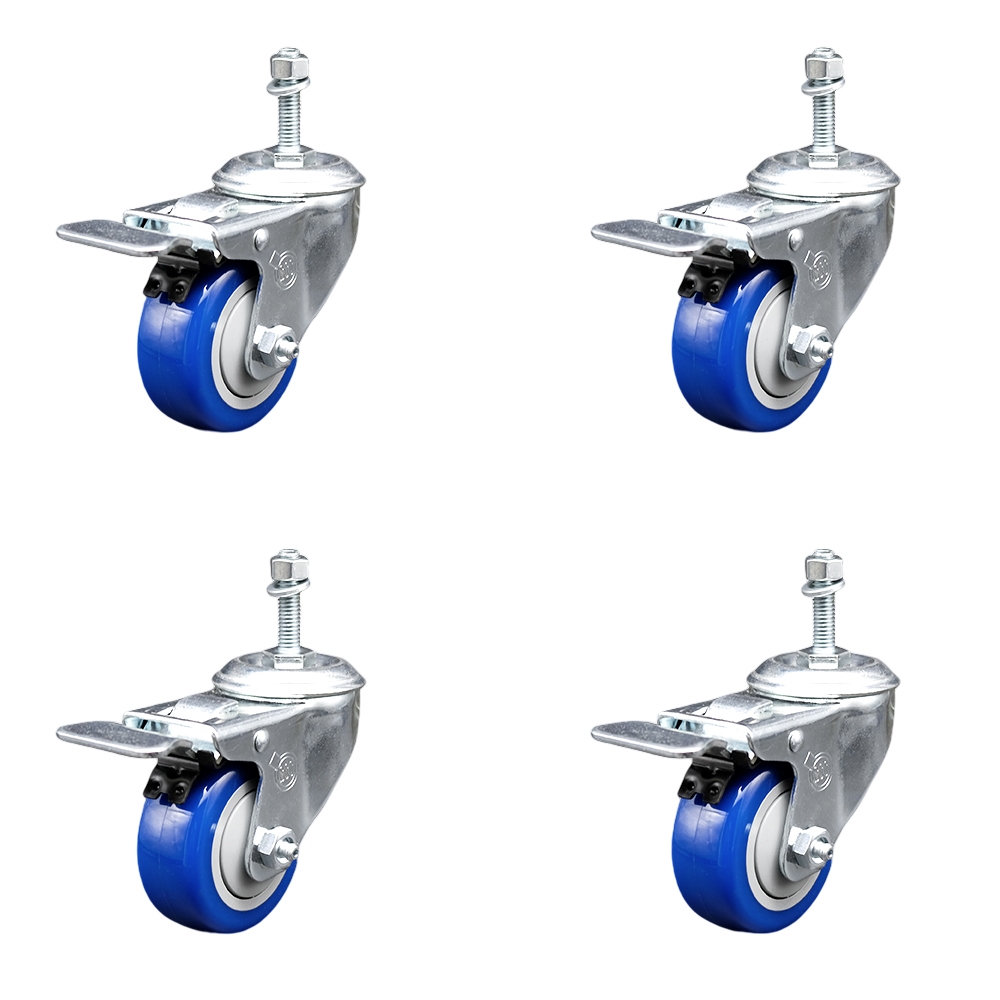 Stainless Steel Polyurethane Swivel Threaded Stem Caster with 3.5 x 1.25 in. Blue Wheels & 10 mm Stems - Set of 4