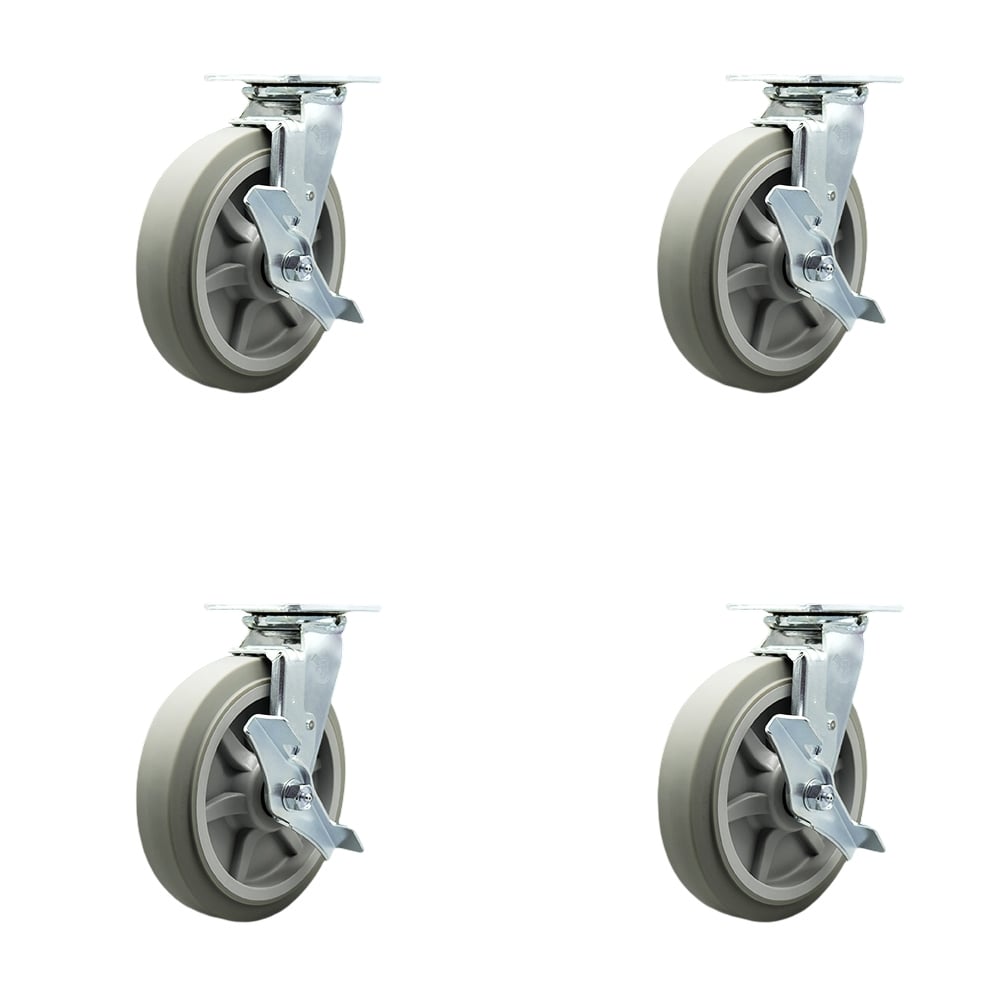 Thermoplastic Rubber Flat Tread Swivel Top Plate Casters, Heavy Duty with 8 in. Wheels - 2400 lbs Total Capacity - Set of 4