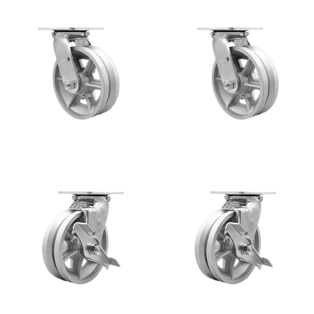 SCC-30CS620-VGR-2-TLB-2 V Groove Semi Steel Cast Iron Swivel Top Plate Casters, Heavy Duty with 6 in. Wheels - 4800 lbs Total Capacity - Set of 4
