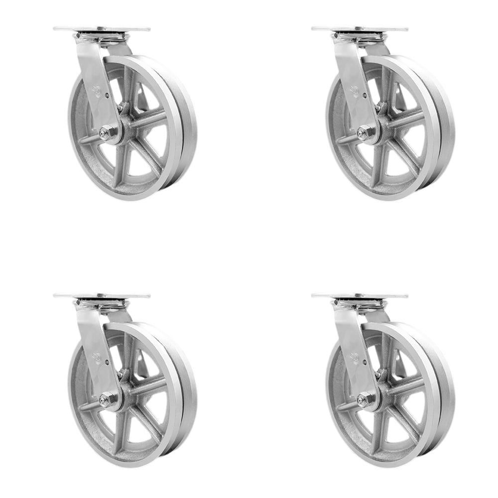 SCC-30CS820-VGR-4 V Groove Semi Steel Cast Iron Swivel Top Plate Casters, Heavy Duty with 8 in. Wheels - 5000 lbs Total Capacity - Set of 4