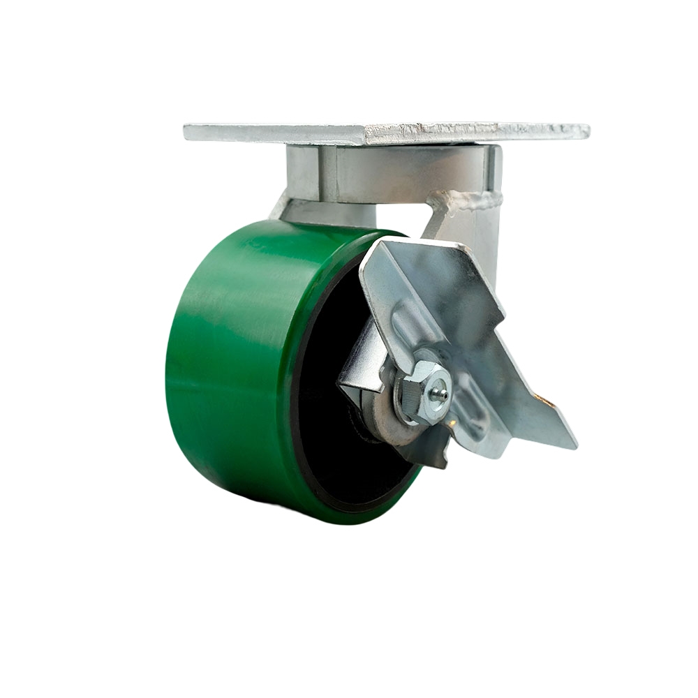 6 in. Swivel Top Plate Extra Heavy Duty Caster with Green Poly on Cast Iron Wheel & Side Lock Brake - Heavy Duty Caster Wheel - Industrial Caster