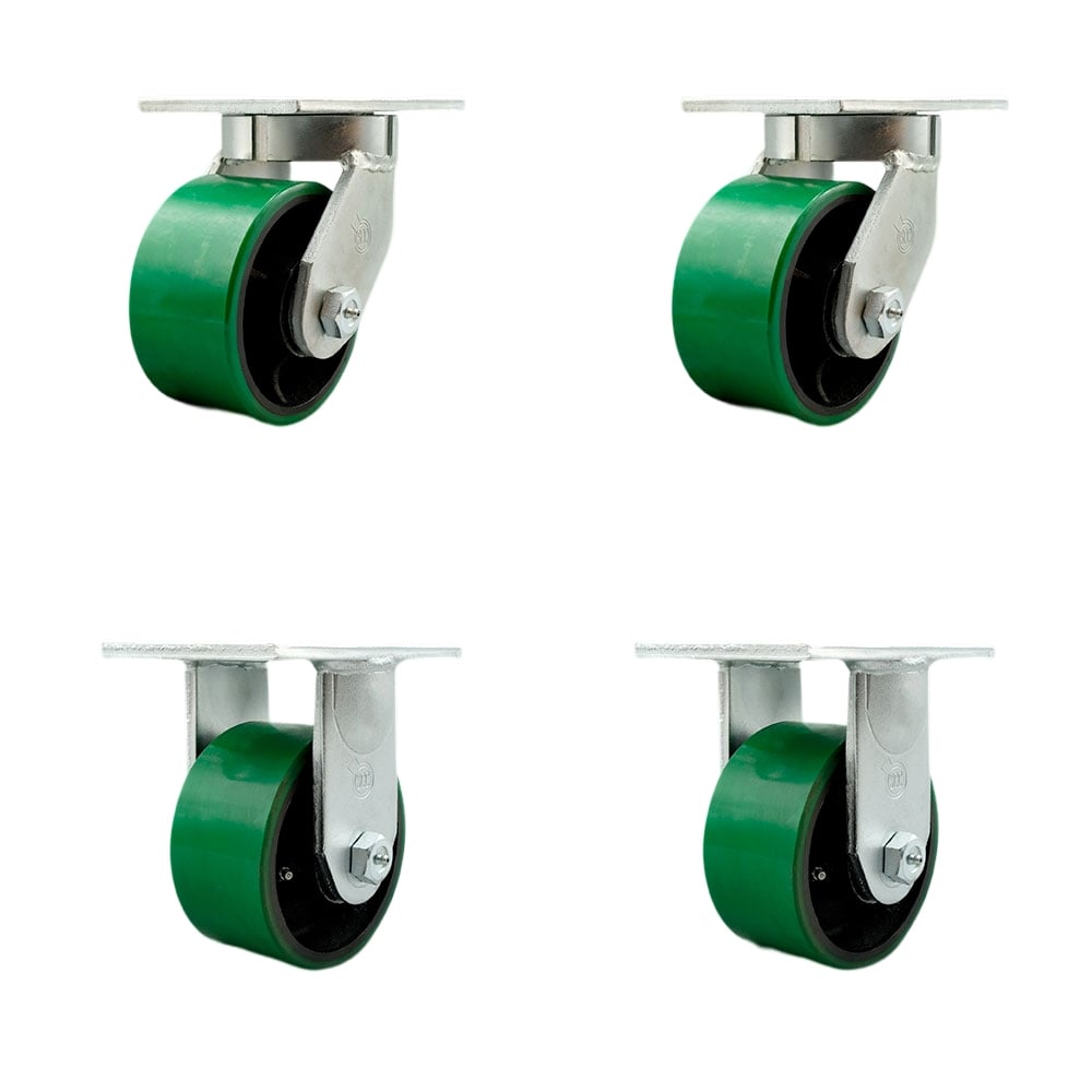 6 in. Swivel Top Plate Caster Set Extra Heavy Duty Casters with Green Poly on Cast Iron Wheels - 8000 lbs Total Capacity - Set of 4