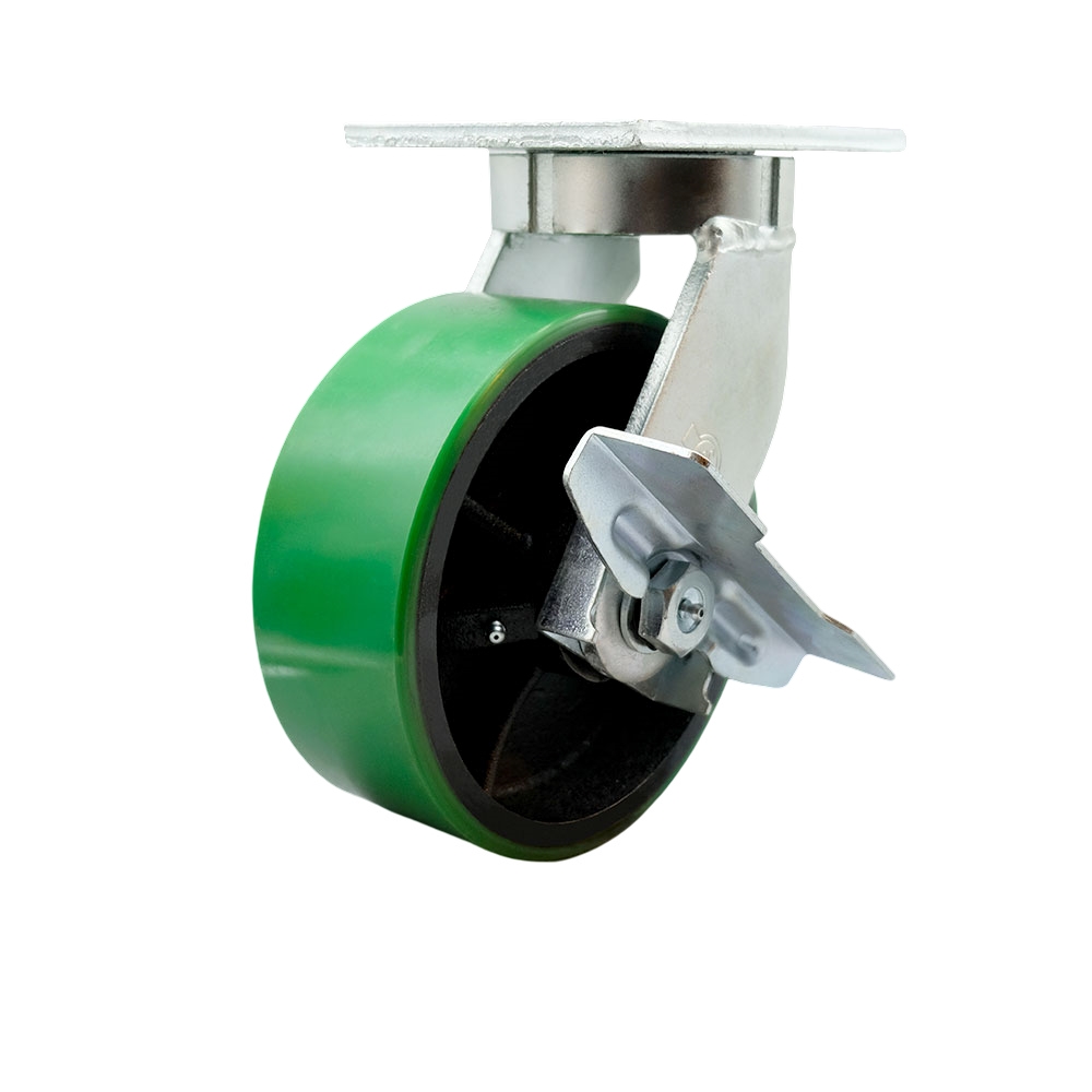 8 in. Swivel Top Plate Extra Heavy Duty Caster with Green Poly on Cast Iron Wheel & Side Lock Brake - Heavy Duty Caster Wheel - Industrial Caster
