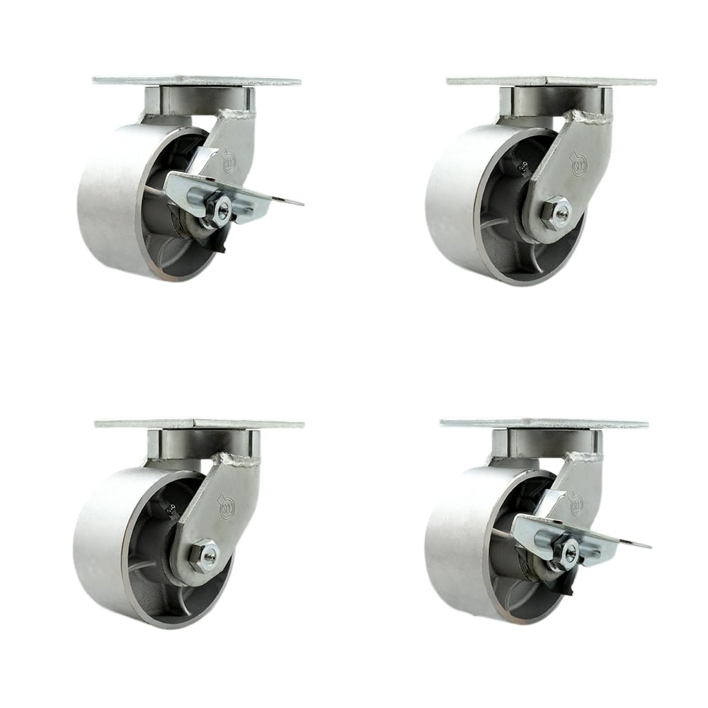SCC-KP92S630-SSR-BSL-2-SLB-2 6 in. Swivel Top Plate Caster Set Extra Heavy Duty Casters with Semi Steel Cast Iron Wheels - Set of 4