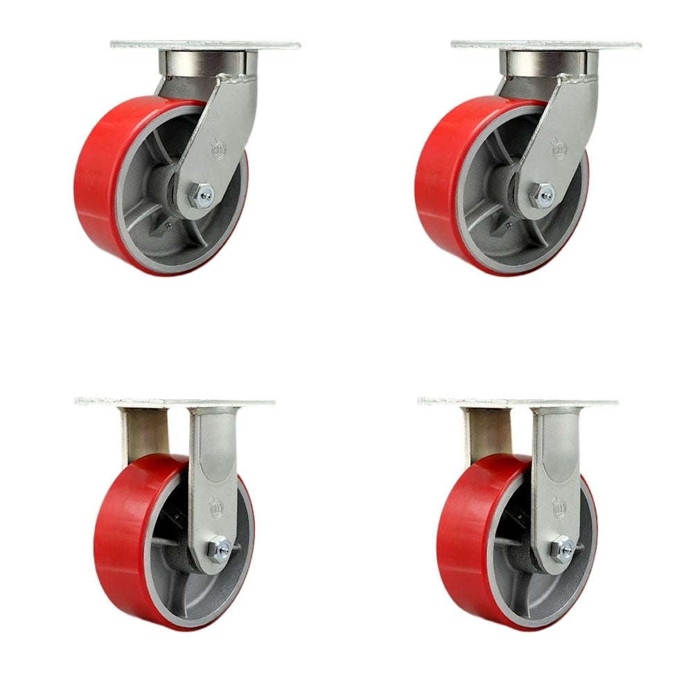 8 in. Swivel Top Plate Caster Set Extra Heavy Duty Casters with Red Poly on Cast Iron Wheels - 10000 lbs Total Capacity - Set of 4
