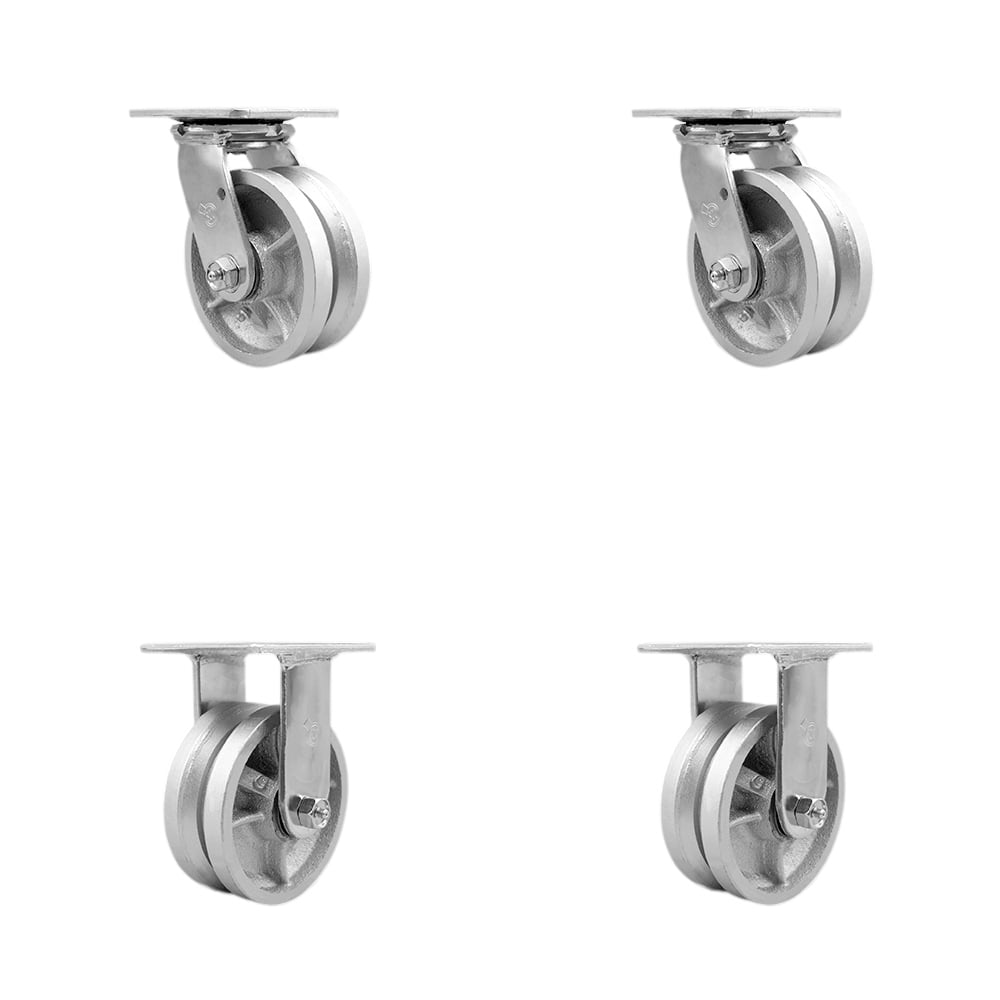 V Groove Semi Steel Cast Iron Swivel Top Plate Casters, Heavy Duty with 5 in. Wheels - 4400 lbs Total Capacity - Set of 4