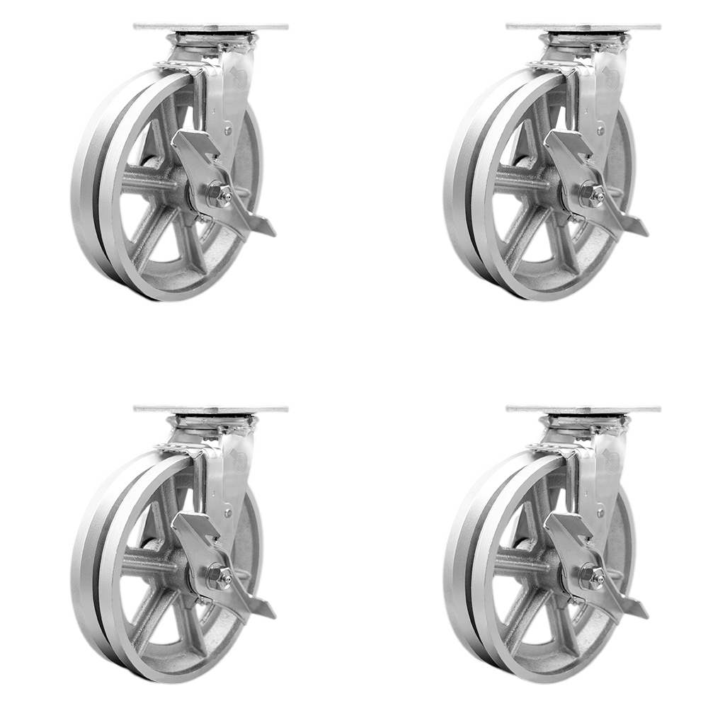 SCC-30CS820-VGR-TLB-4 V Groove Semi Steel Cast Iron Swivel Top Plate Casters, Heavy Duty with 8 in. Wheels - 5000 lbs Total Capacity - Set of 4