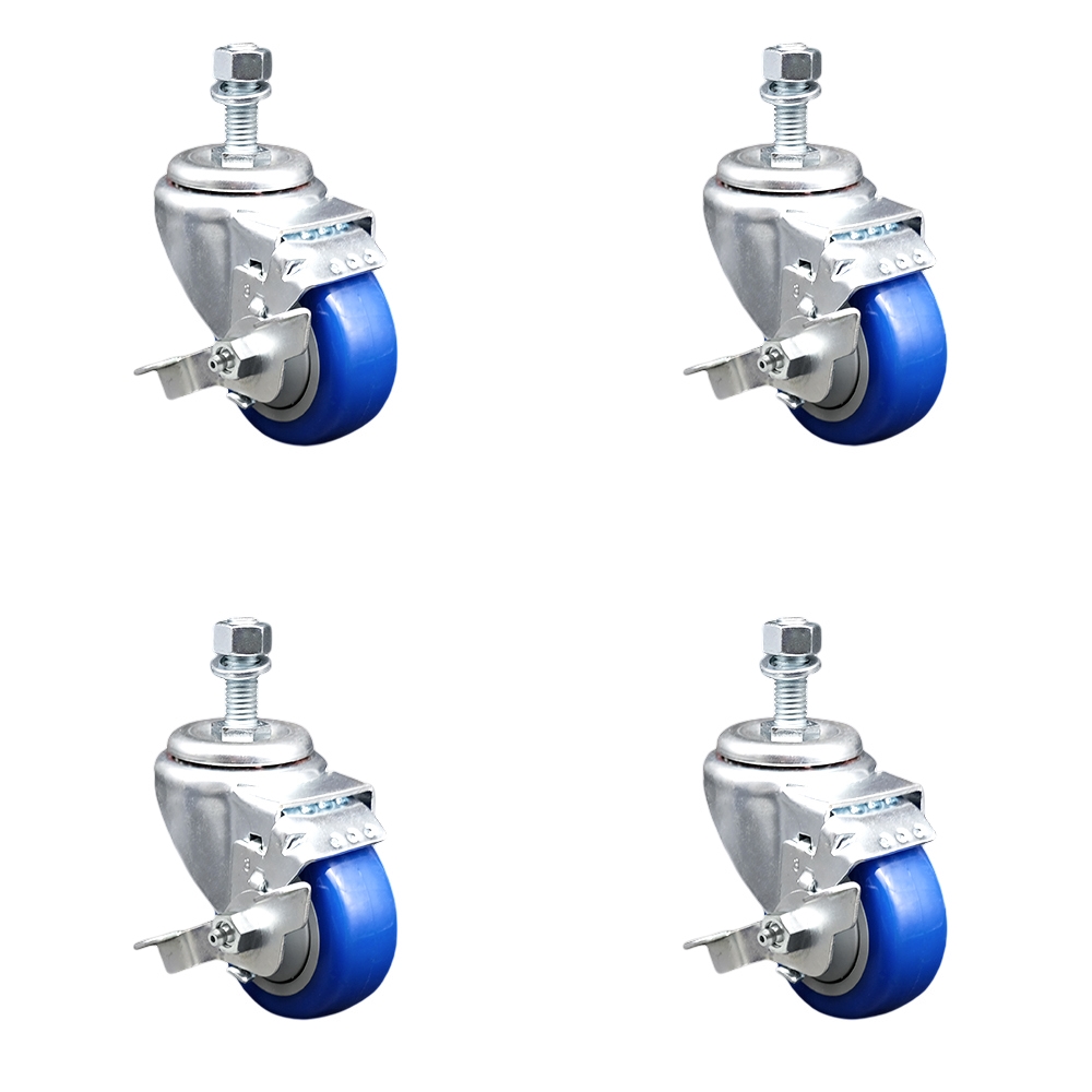 SCC-TS20S3514-PPUB-BLUE-TLB-M1215-4 Polyurethane Swivel Threaded Stem Caster with 3.5 x 1.25 in. Blue Wheels & 12 mm Stems - Set of 4