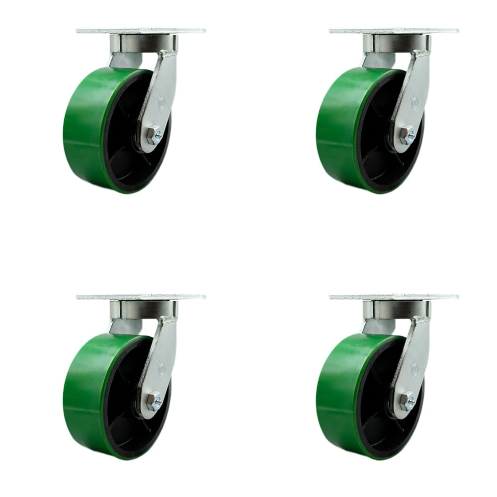 8 in. Swivel Top Plate Caster Set Extra Heavy Duty Casters with Green Polyurethane on Cast Iron Wheels - 10000 lbs Total Capacity - Set of 4