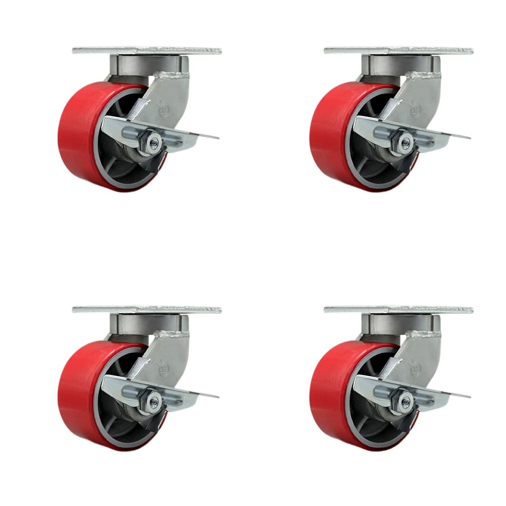 SCC-KP92S630-PUR-RS-SLB-4 6 in. Swivel Top Plate Caster Set Extra Heavy Duty Casters with Red Polyurethane on Cast Iron Wheels - Set of 4