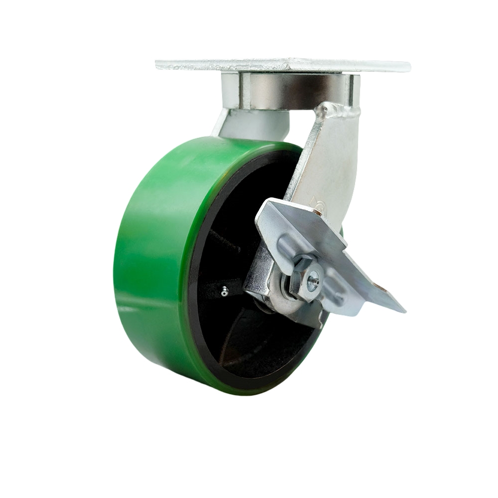 8 in. Swivel Top Plate Extra Heavy Duty Caster with Green Polyurethane on Cast Iron Wheel & Brake - Bolt on Swivel Lock - Heavy Duty Caster Wheel