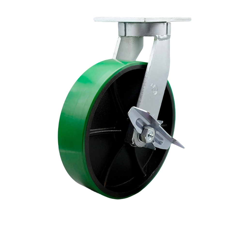 10 in. Swivel Top Plate Extra Heavy Duty Caster with Green Poly on Cast Iron Wheel & Side Lock Brake - Heavy Duty Caster Wheel - Industrial Caster