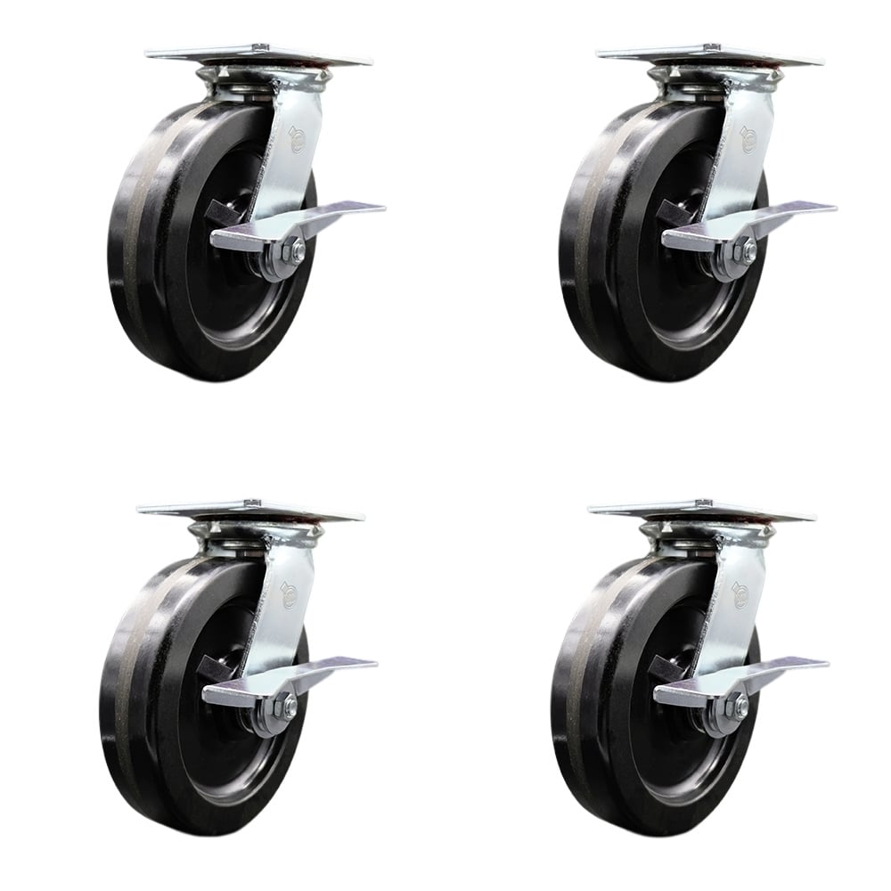 Heavy Duty Large Top Plate Phenolic Swivel Caster with Maintenance Free Bearings with 8 x 2 in. Black Wheels - 5000 lbs Total Capacity - Set of 4