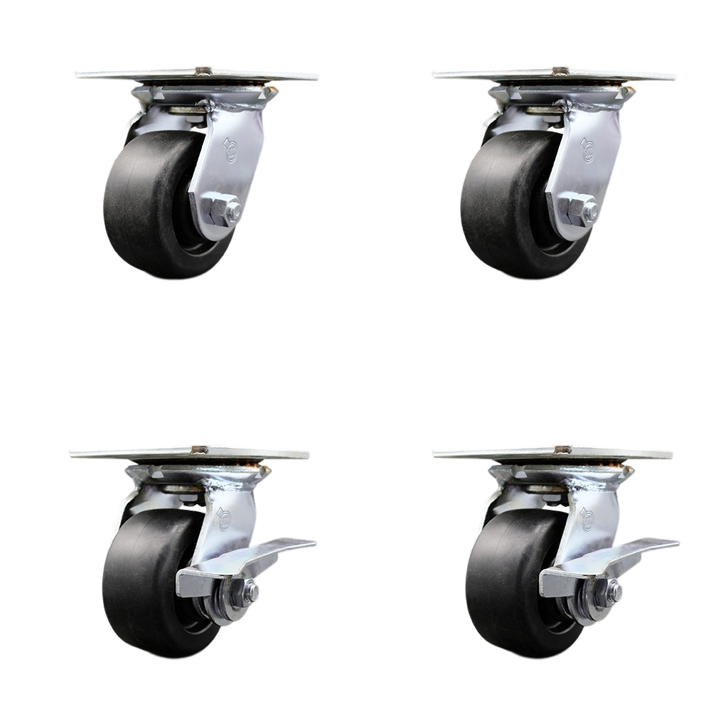 Heavy Duty Large Top Plate Polyolefin Swivel Caster with Maintenance Free Bearings with 4 x 2 in. Black Wheels - 2000 lbs Total Capacity - Set of 4