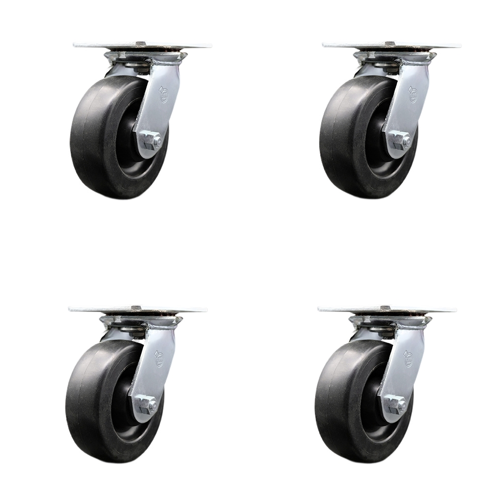 Heavy Duty Large Top Plate Polyolefin Swivel Caster with Maintenance Free Bearings with 6 x 2 in. Black Wheels - 2800 lbs Total Capacity - Set of 4