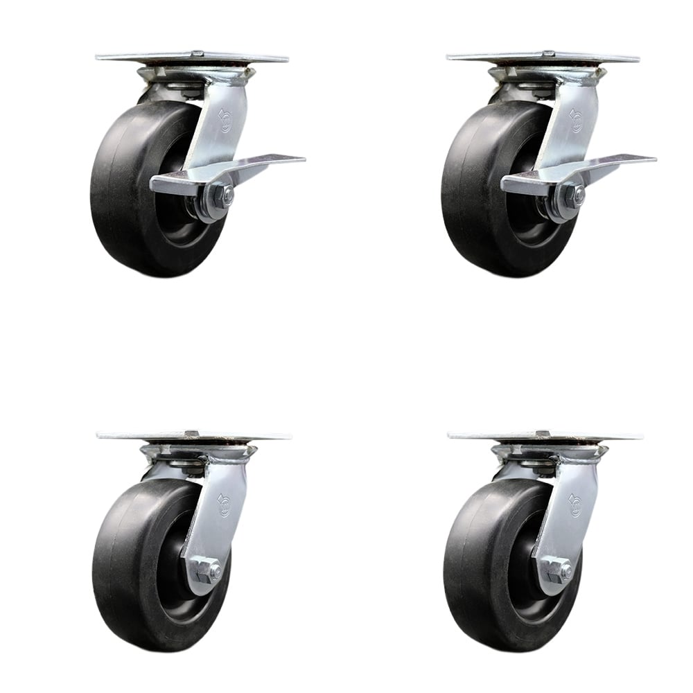 Heavy Duty Large Top Plate Polyolefin Swivel Caster with Maintenance Free Bearings with 6 x 2 in. Black Wheels - Set of 4