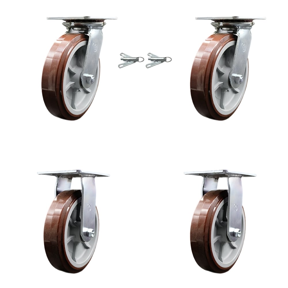 Heavy Duty Large Top Plate Polyurethane on Polyolefin Swivel Caster with Maintenance Free Bearings with 8 x 2 in. Maroon Wheels - Set of 4