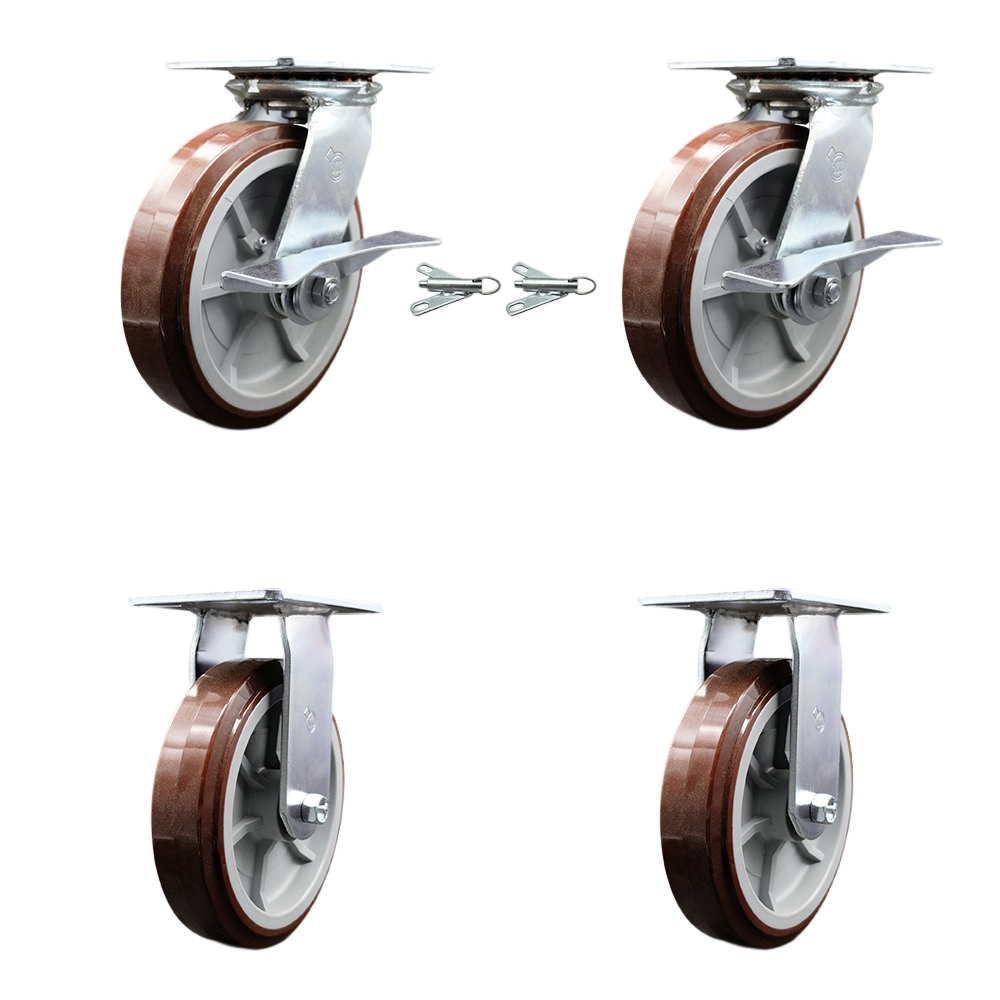 Heavy Duty Large Top Plate Polyurethane on Polyolefin Swivel Caster with Maintenance Free Bearings with 8 x 2 in. Maroon Wheels - Set of 4