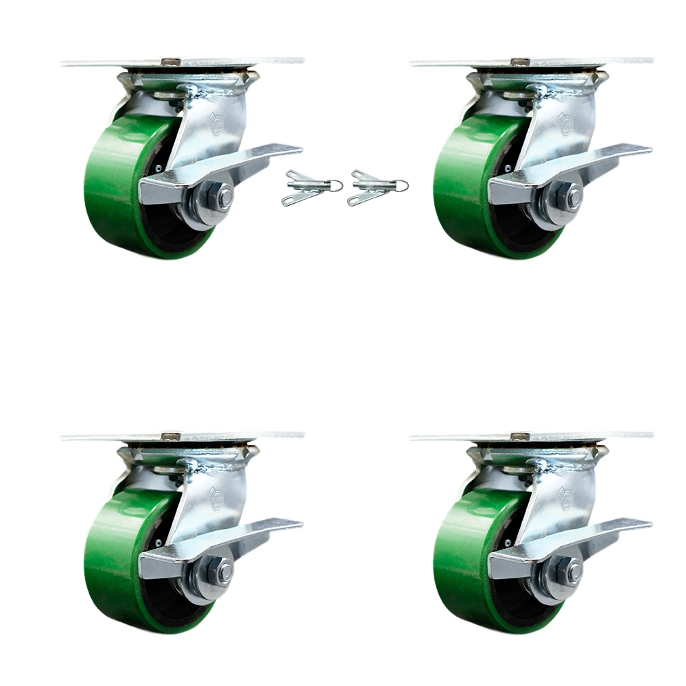 Heavy Duty Large Top Plate Poly on Cast Iron Swivel Caster with Maintenance Free Bearings with 4 x 2 in. Green Wheels - Set of 4