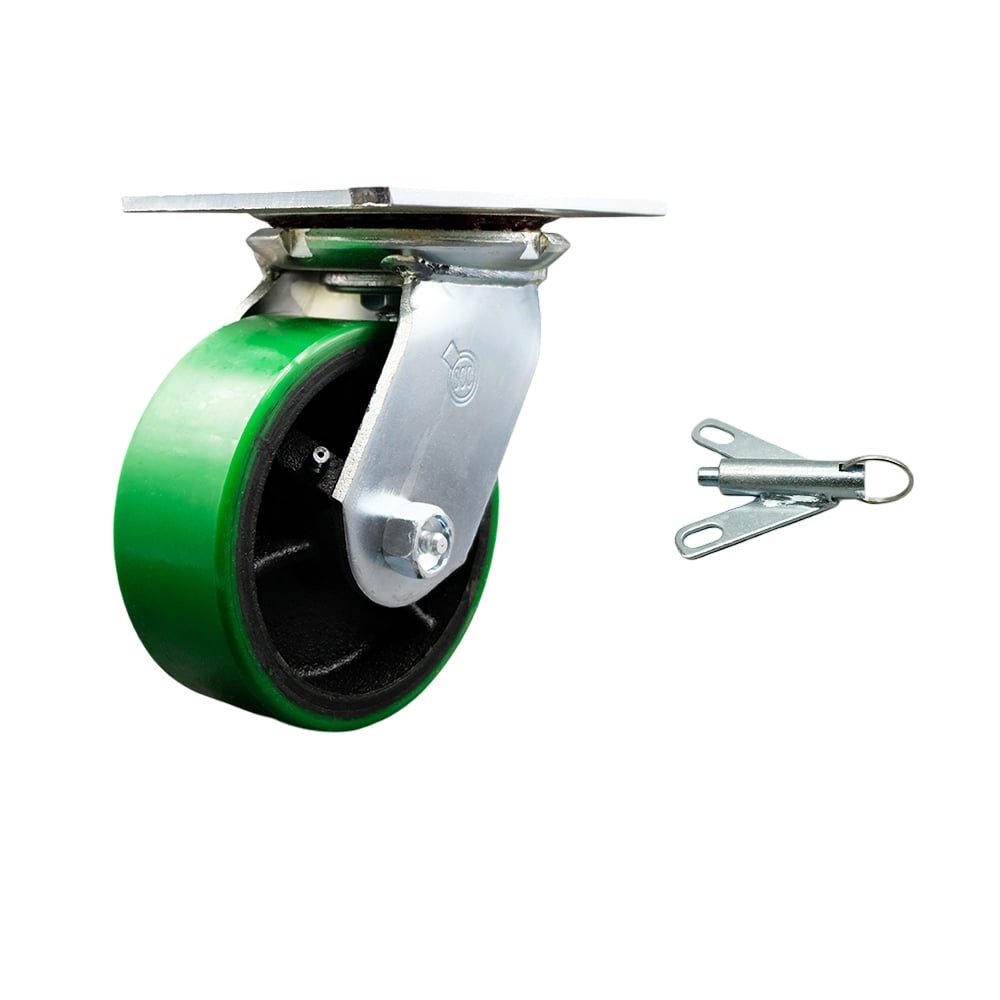 Heavy Duty Large Top Plate Polyurethane on Cast Iron Swivel Caster with Maintenance Free Bearings & 5 x 2 in. Green Wheel & Bolt on Swivel Lock