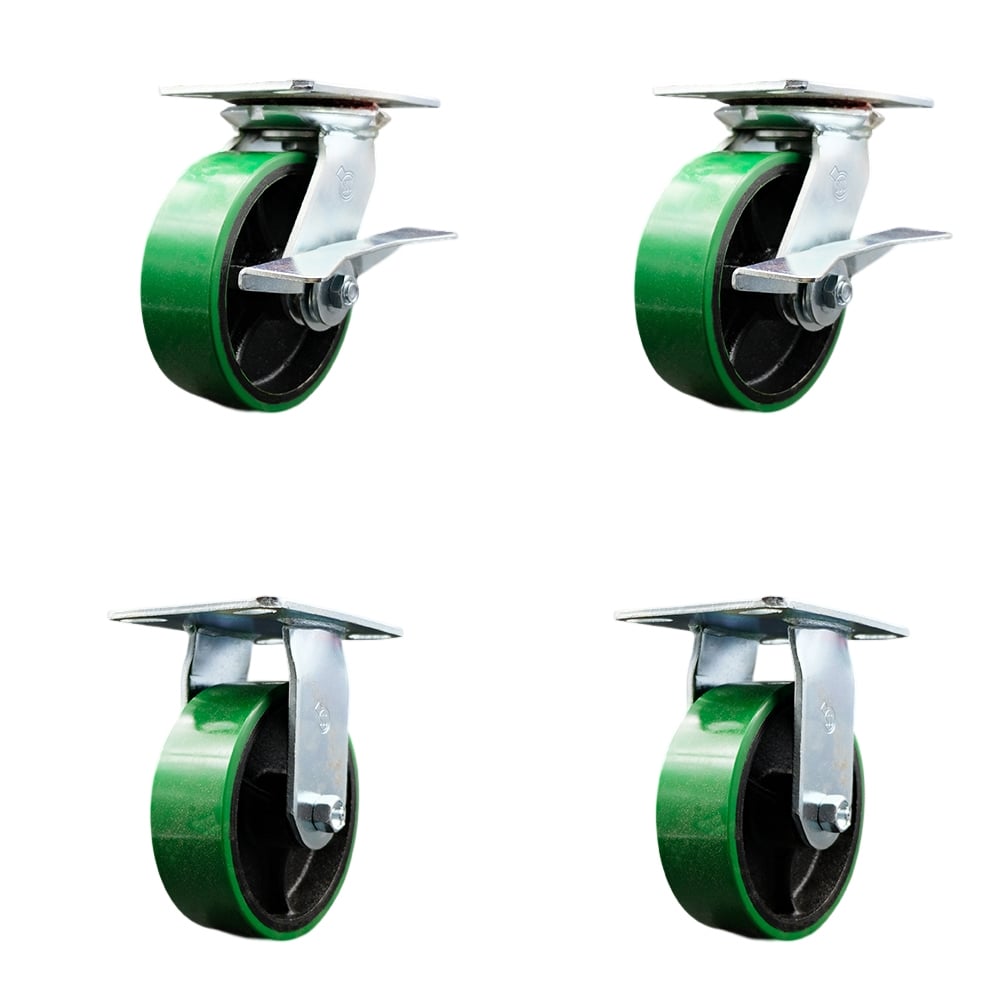 Heavy Duty Large Top Plate Polyurethane on Cast Iron Swivel Caster with Maintenance Free Bearings with 6 x 2 in. Green Wheels - Set of 4