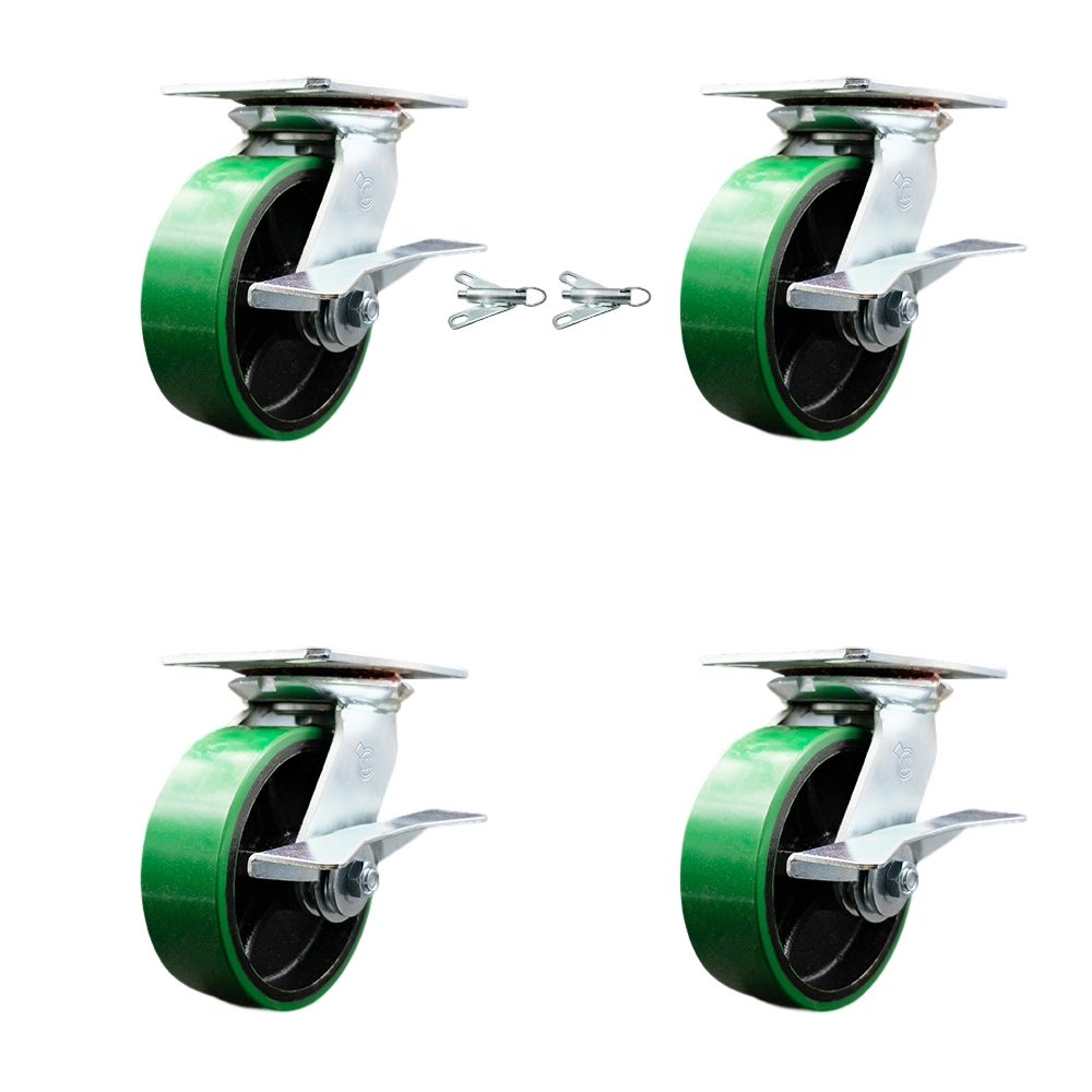 Heavy Duty Large Top Plate Poly on Cast Iron Swivel Caster with Maintenance Free Bearings with 6 x 2 in. Green Wheels - Set of 4