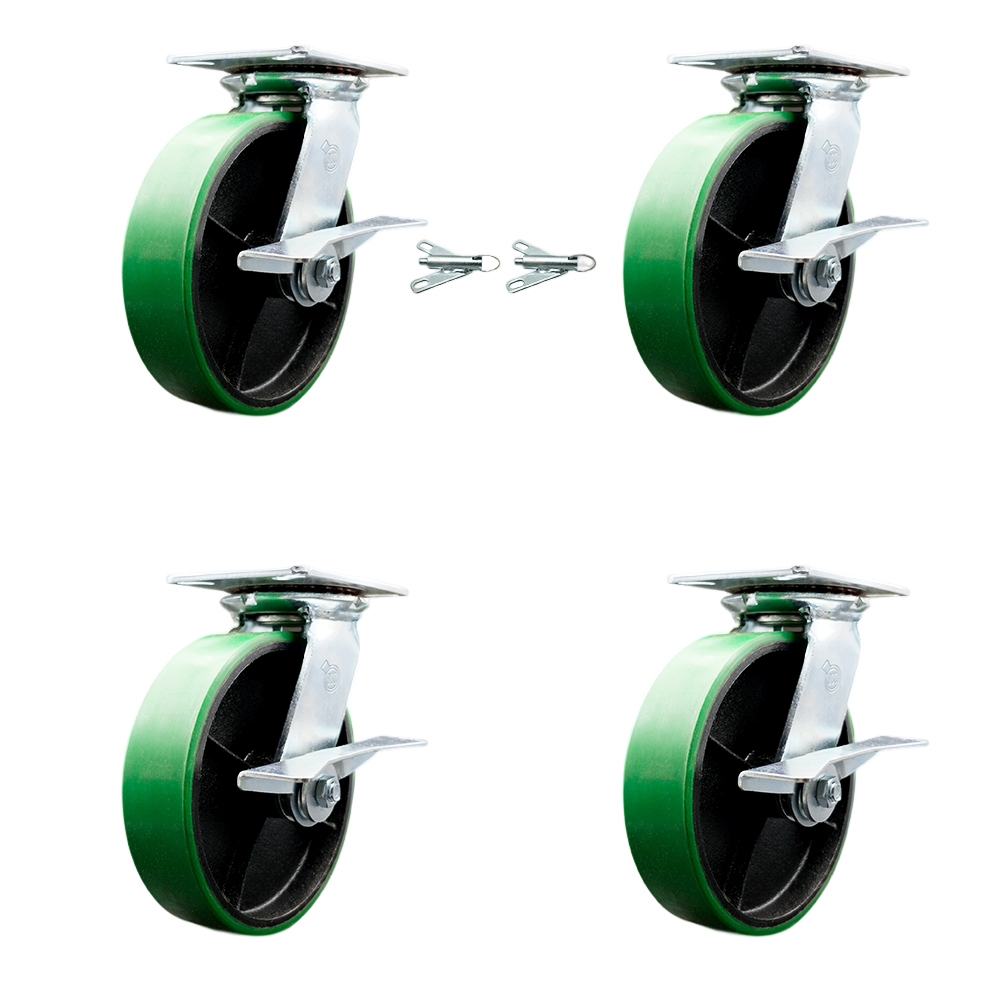 Heavy Duty Large Top Plate Poly on Cast Iron Swivel Caster with Maintenance Free Bearings with 8 x 2 in. Green Wheels - Set of 4