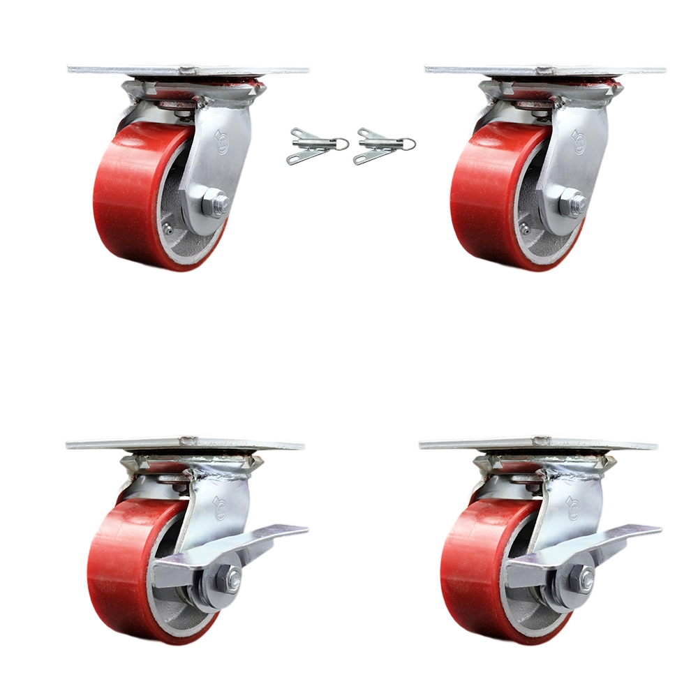 Heavy Duty Large Top Plate Polyurethane on Cast Iron Swivel Caster with Maintenance Free Bearings with 4 x 2 in. Red Wheels - Set of 4