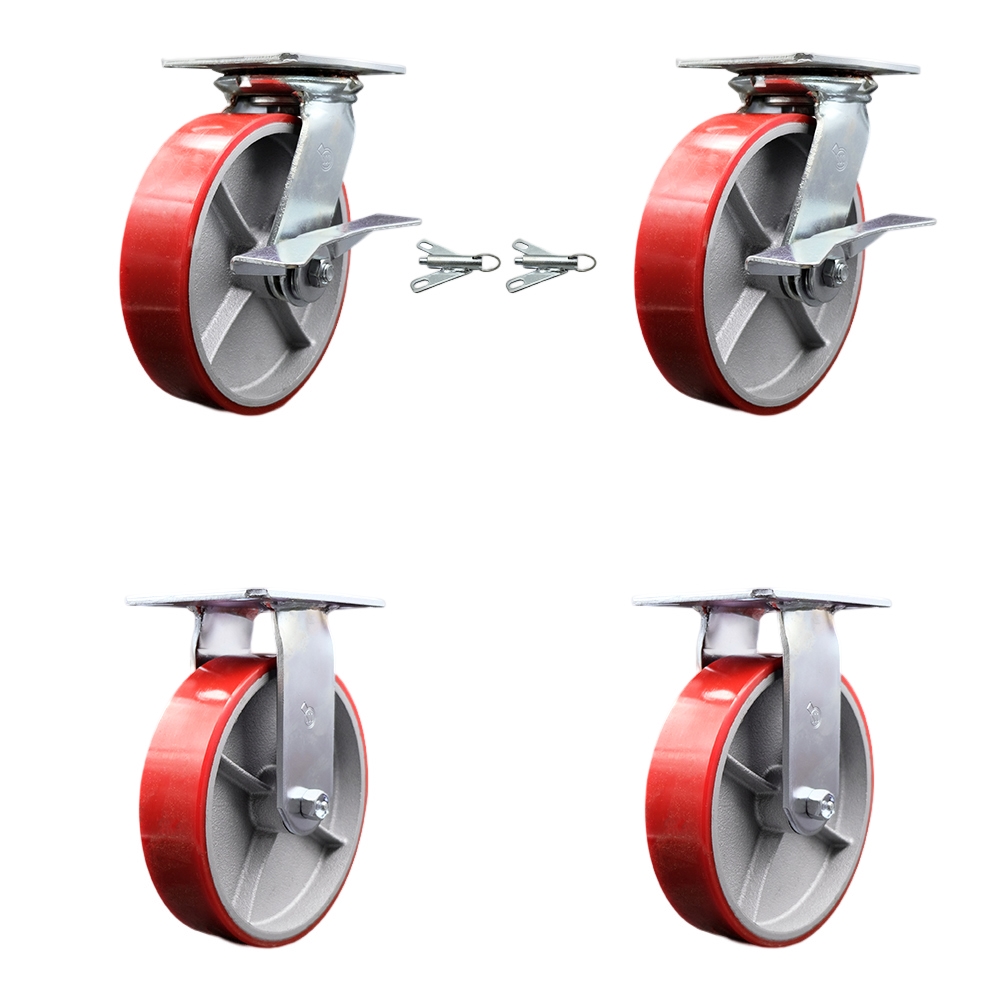 Heavy Duty Large Top Plate Polyurethane on Cast Iron Swivel Caster with Maintenance Free Bearings with 8 x 2 in. Red Wheels - Set of 4