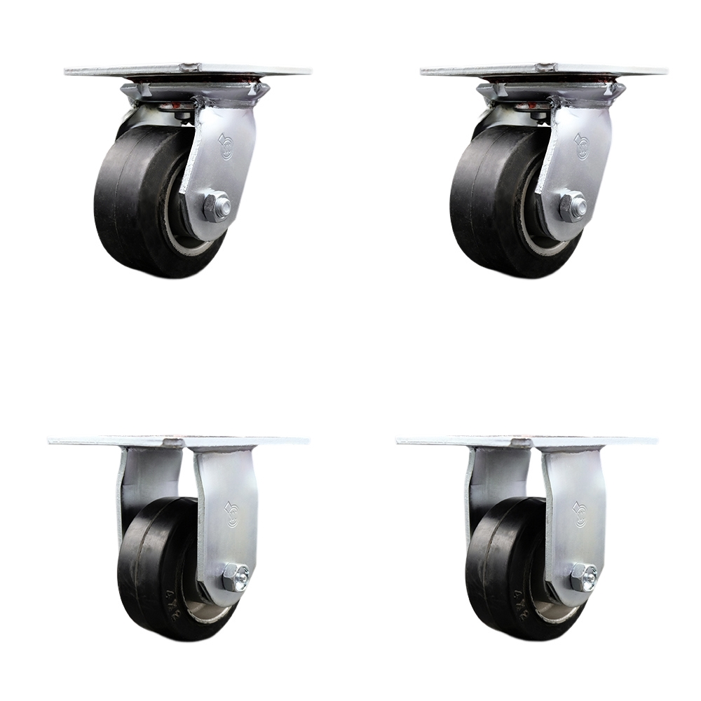 Heavy Duty Large Top Plate Rubber on Aluminum Swivel Caster with Maintenance Free Bearings with 4 x 2 in. Black Wheels - Set of 4
