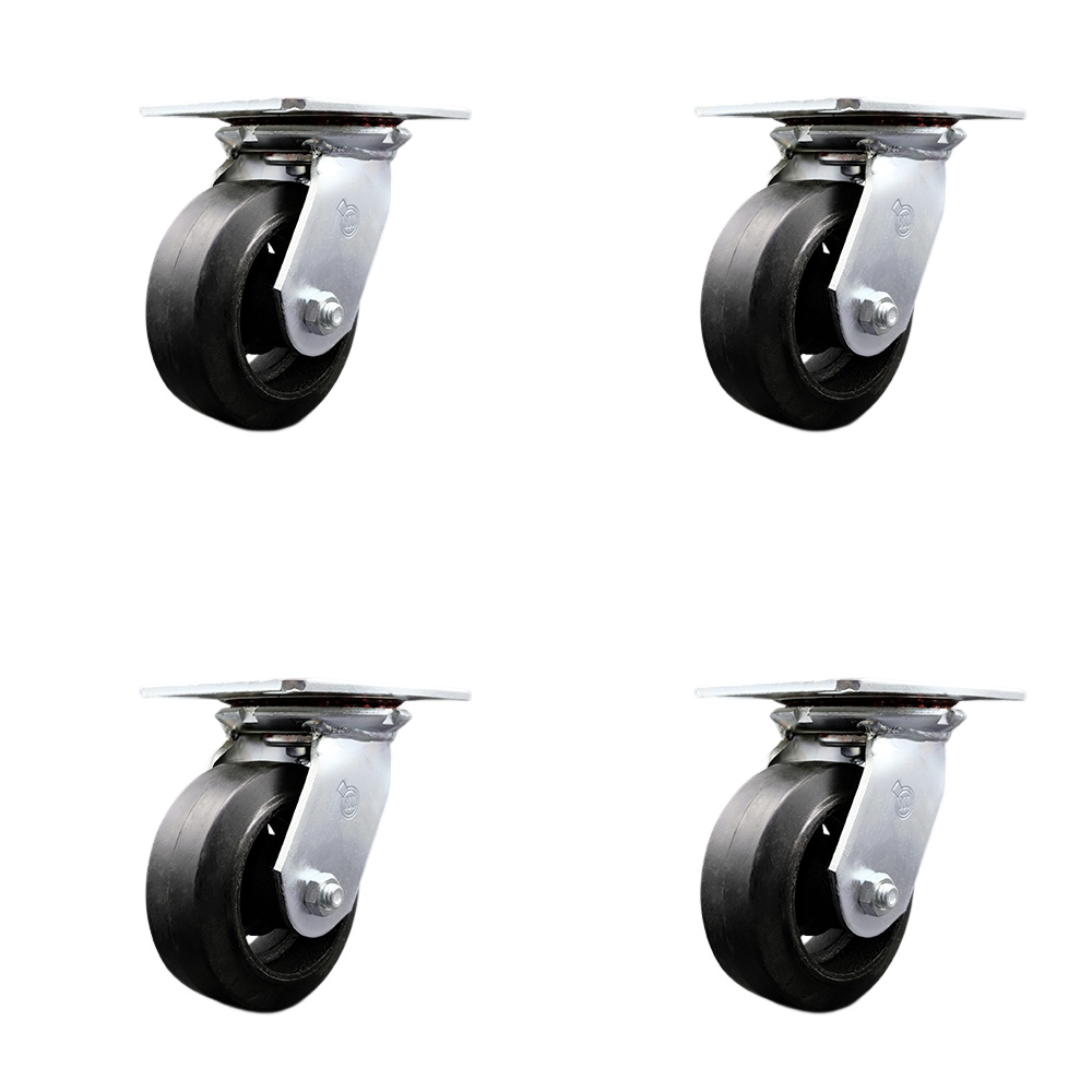 SCC-35S520-RSR-4 Heavy Duty Large Top Plate Rubber on Cast Iron Swivel Caster with 5 x 2 in. Black Wheels - 1600 lbs Total Capacity - Set of 4